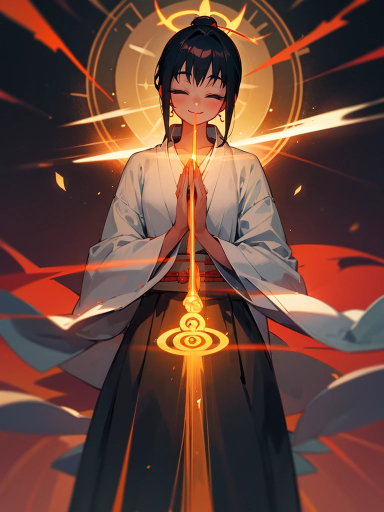 Amitabha Buddha smiling eyes closed zazen halo black hair hands together