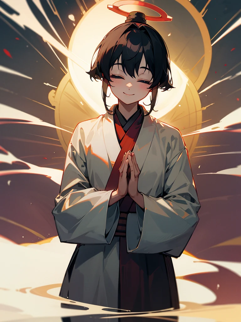 Amitabha Buddha smiling eyes closed zazen halo black hair hands together
