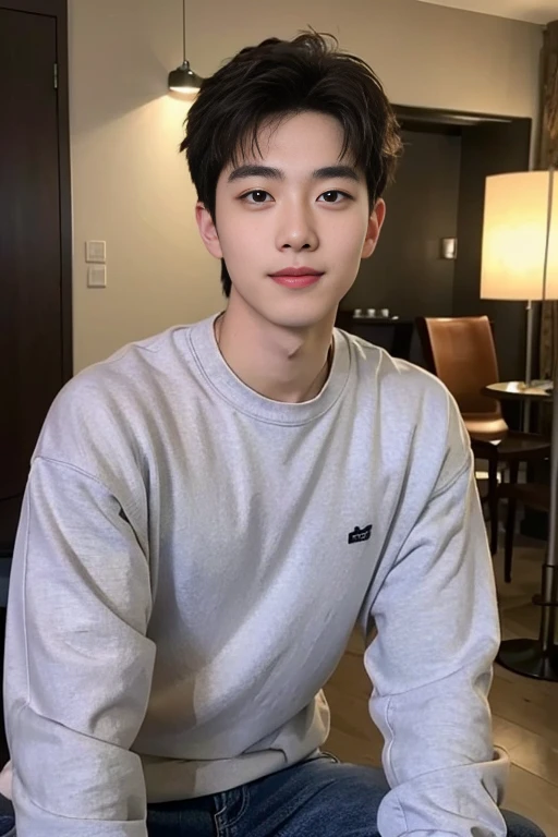 ((Top  Quality, 8K, ​masterpiece: 1.3))、Cool Korea Man, １Man with a、20yo、Well-formed face、Handsome nose、detailed eyes and face、beautiful  lighting、(studio)、Hight Resolution、（looking looking at viewer）、detailed mouth、Sorrisos、s whole body: 1.5, perfect body figure: 1.3, Pictures of both shoulders:1.3, Casual clothes:1.5