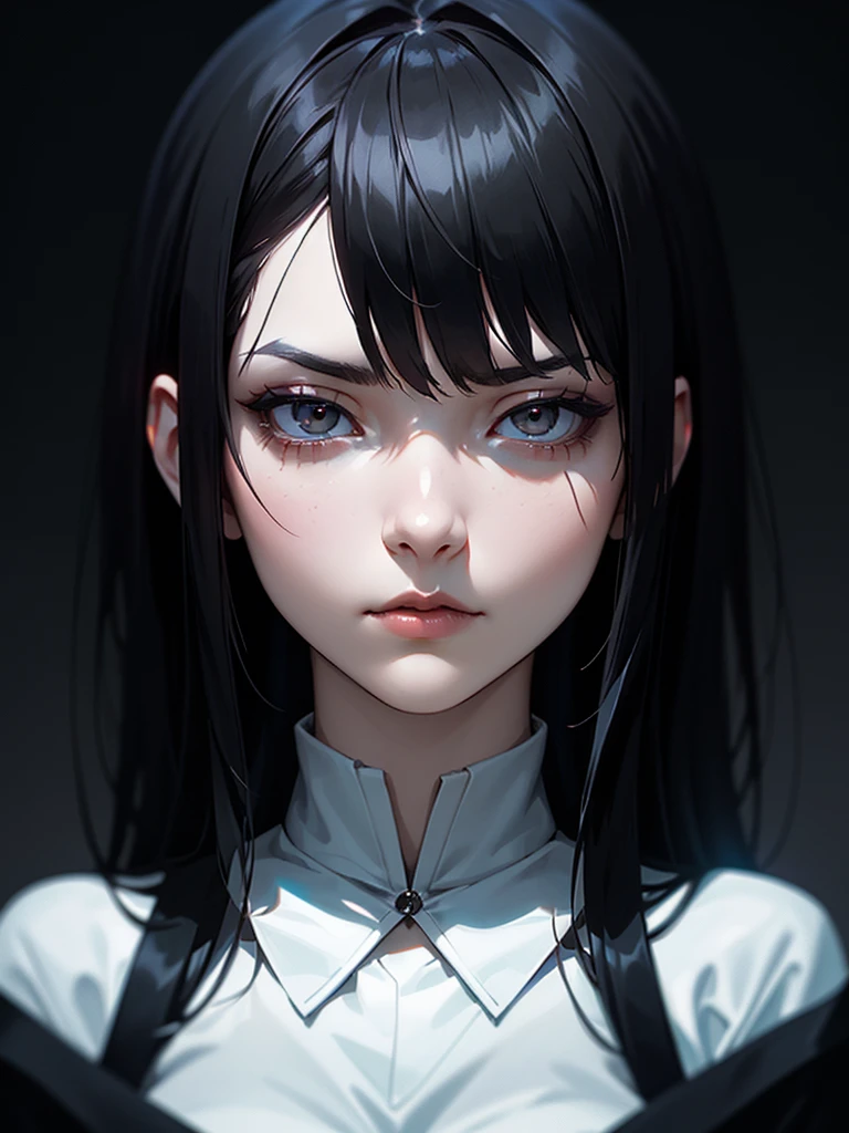 ((Portrait Photo)), She has an Indifferent, Black-Haired Appearance, with a Slim, Graceful Build. She Expresses a Cold and Detached Look, Giving Off an Unapproachable and Mysterious Attitude. She has Pale Skin and Deep, Dark Eyes, Her Hair is Long, Straight, and Black. ((Portrait Photo, HDR, Dark Background))