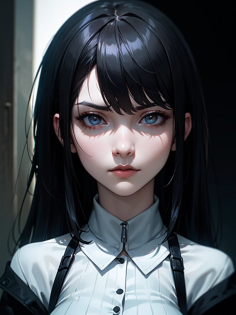 ((Portrait Photo)), She has an Indifferent, Black-Haired Appearance, with a Slim, Graceful Build. She Expresses a Cold and Detached Look, Giving Off an Unapproachable and Mysterious Attitude. She has Pale Skin and Deep, Dark Eyes, Her Hair is Long, Straight, and Black. ((Portrait Photo, HDR, Dark Background))