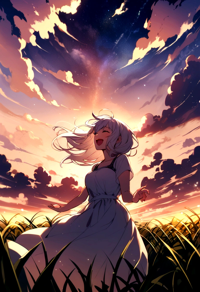White Hair、long、Grating、laughing、Mystical Sky、Wind、Girl