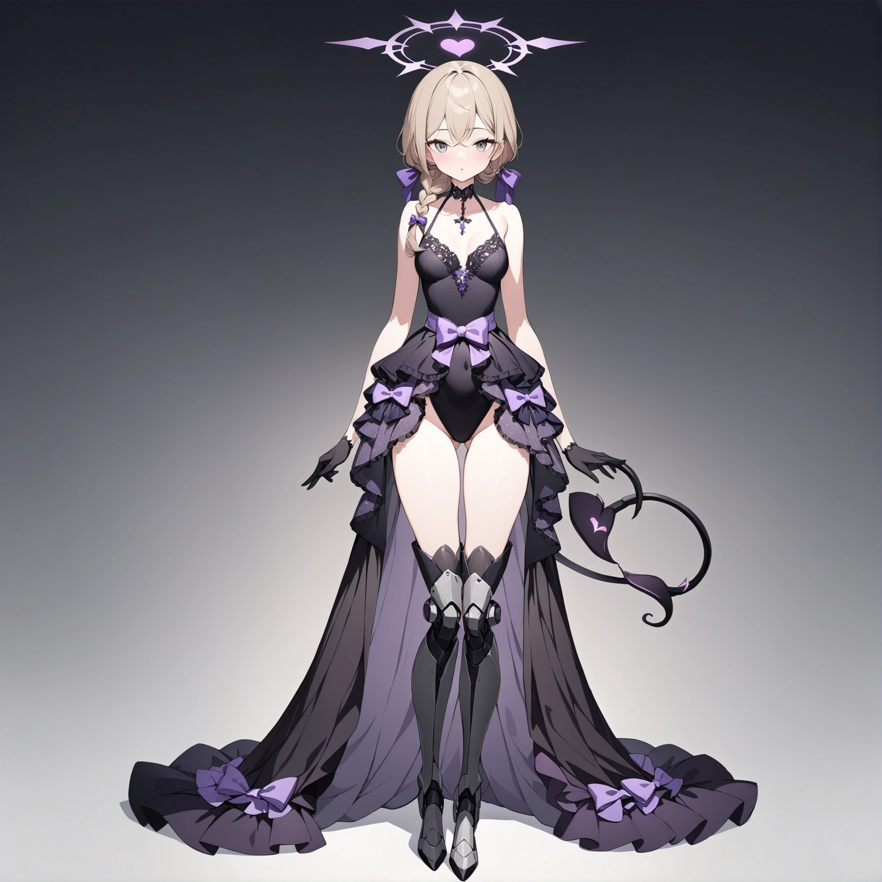 woman 170 cm tall, slim build, medium chest, wide hip. (character design sheet: Full body front view). (Hip-length dark blonde hair with a short center strand, wavy hair with curls, She has a short braid tied with an elegant purple bow on the left side of her hair.. She has a short braid tied with an elegant purple bow on the right side of her hair. She has small ribbons in the back of her hair.). Gray eyes with purple. Two black and purple serval ears located on the top of the head. Luminous black halo with purple star patterns above his head. black necklace with heart emblem on the neck. (Elegant one-piece long dress with lace and ruffle skirt, ribbon decorations and star patterns on the dress). black gloves. gray belt at the waist with a large ribbon with a luminous pink heart in the middle. It has a succubus tail with a small purple star on the tip. (It has complex mechanical legs that reach up to the thighs and are black with small purple details.). beautiful detailed hair, beautiful detailed dress. extremely detailed arms. extremely detailed face, small face, Beautiful detailed eyes, beautiful detailed lips. adorable. extremely detailed legs. (Best Quality, 4k, 8k, high resolution), ultra detailed, Exquisite and epic character art.
