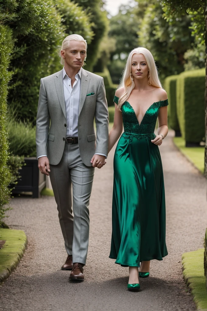 a beautiful young woman "redhead with green eyes" The girl is wearing a fancy emerald green dress with a v-neckline walking hand in hand with Lucius Malfoy " platinum blonde hair and gray eyes" We are walking in a Villa in Scotland