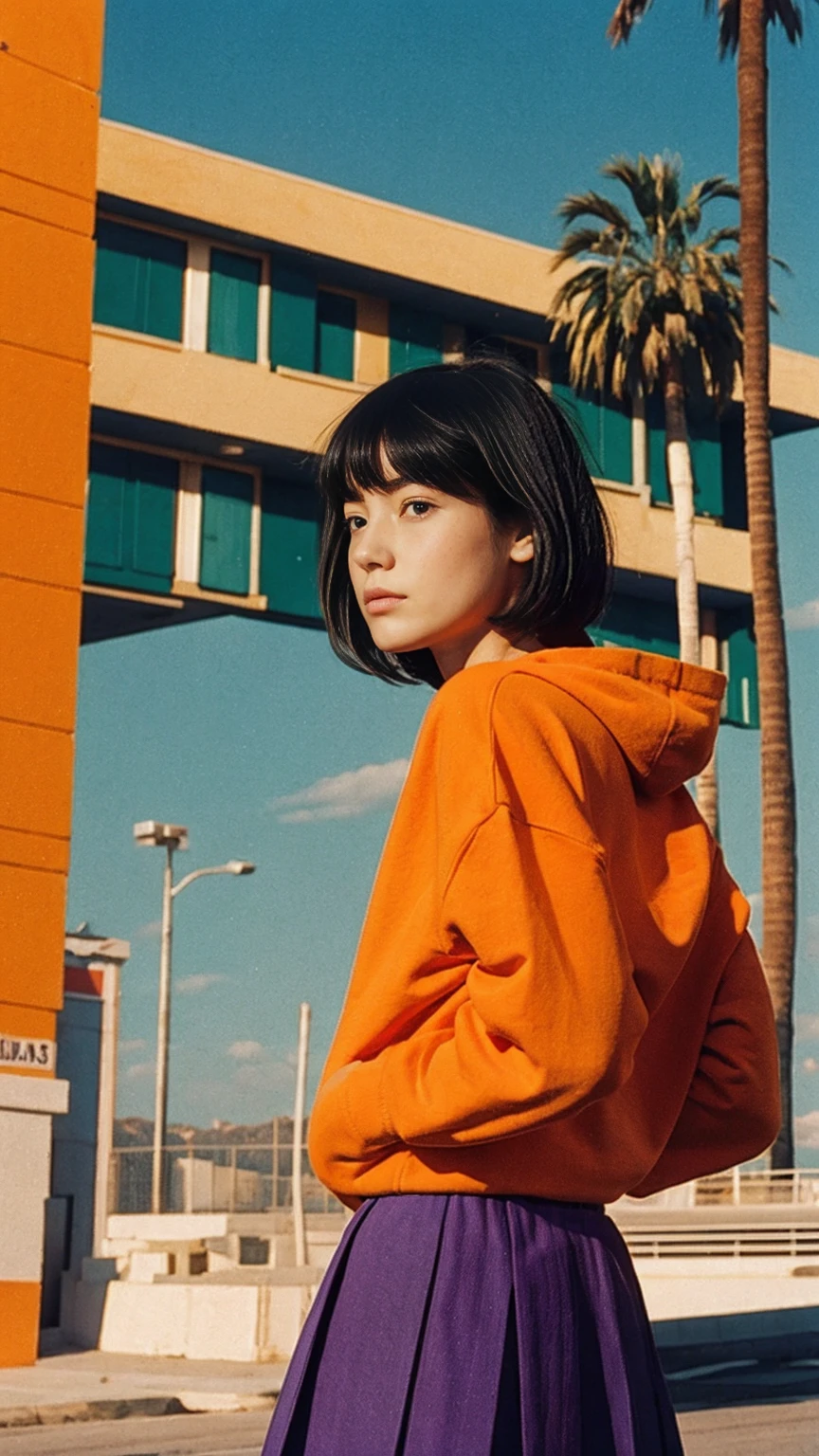 analog film photo cinematic photograph long shot portraits by Wes Anderson, cute 23 yo girl ,fokus, bokeh ,wear ((orange color oversized_hoodie)), wear ((purple tennis skirt)),looking front,Best Quality,Masterpiece,Ultra High Resolution,(Realisticity:1.4),Original Photo, 1Girl, light leak,ultra high resolution,UHD,beautiful, (black bob hair), almond eye, no makeup, in front of (80's mondrian architecture motel), (realistic:1.2), (surreal:1.3), (very detailed:1.1), ((masterpiece)),summer, blue sky, palm trees,sunny, los angles vibes,film camera, 800mm lens,style of Philip Lorca diCorcia