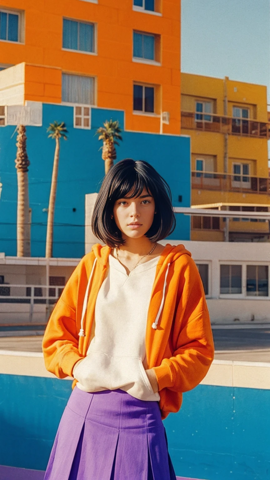 analog film photo cinematic photograph long shot portraits by Wes Anderson, cute 23 yo girl ,fokus, bokeh ,wear ((orange color oversized_hoodie)), wear ((purple tennis skirt)),looking front,Best Quality,Masterpiece,Ultra High Resolution,(Realisticity:1.4),Original Photo, 1Girl, light leak,ultra high resolution,UHD,beautiful, (black bob hair), almond eye, no makeup, in front of (80's mondrian architecture motel), (realistic:1.2), (surreal:1.3), (very detailed:1.1), ((masterpiece)),summer, blue sky, palm trees,sunny, los angles vibes,film camera, 800mm lens,style of Philip Lorca diCorcia