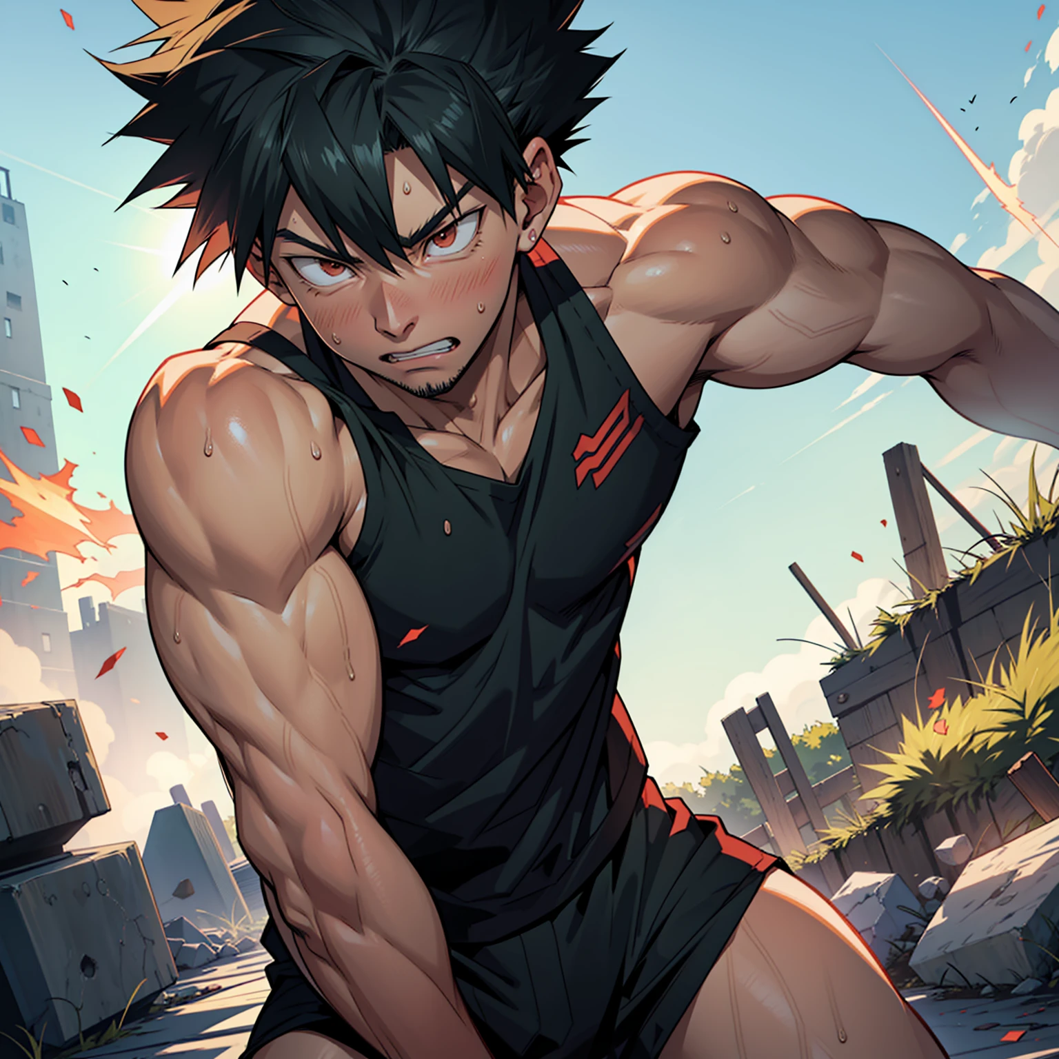 of character "My Hero Academia," Bakugo Katsuki, In training:
Bakugo Katsuki, 火热而激烈of character "My Hero Academia," Undergoing rigorous training. He has used his muscular physique to its fullest, His sweaty body gleamed in the sun. His quirks, explode, As he practices controlling his quirk,This is obvious, Sweat dripped down the contours of his body.
Bakugo's stubble-covered chin showed a determined expression., He frowned,with full concentration