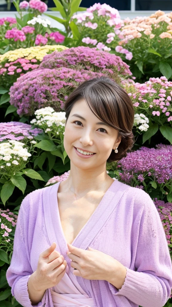 born, Highest quality, High resolution, (masterpiece: 1.3), Body Shot, Cute Japanese women, masterpiece, Curved body, Big Breasts, Cute face, Light Skin, Fair skin, Cute eyes, Elegant smile, Light makeup, stand in front of a flower shop, Feminine gestures, Elegant expression, Viewers facing towards each other, Focus on your audience, Wearing a white dress, Pretty dress, Wearing a lilac cardigan, Perfect cardigan, CuteBeautiful pastel colors, Beautiful pastel colors, at noon, Great lighting, Great sunlight, Bright colors, Ultra-realistic clean lines, Very realistic、Japanese、45 years old、A sparkling smile、E cup breasts、Hide your fingers、Emphasize the chest、Cleavage、Disheveled clothing