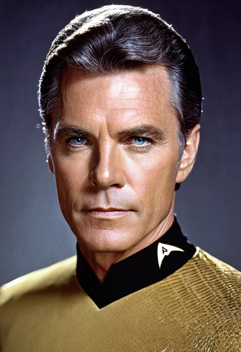 A portrait of "Star Trek's" Christopher Pike whose facial features are a combo of Anson Mount + Bruce Greenwood + Jeffrey Hunter. Pike wears a TOS-style Starfleet uniform consisting of a gold shirt and black pants and black boots. "Star Trek" setting. Symmetrical eyes. Symmetrical face. Great details. Photorealistic. Full-colored photo. Professional photo. Highly detailed 8K.
