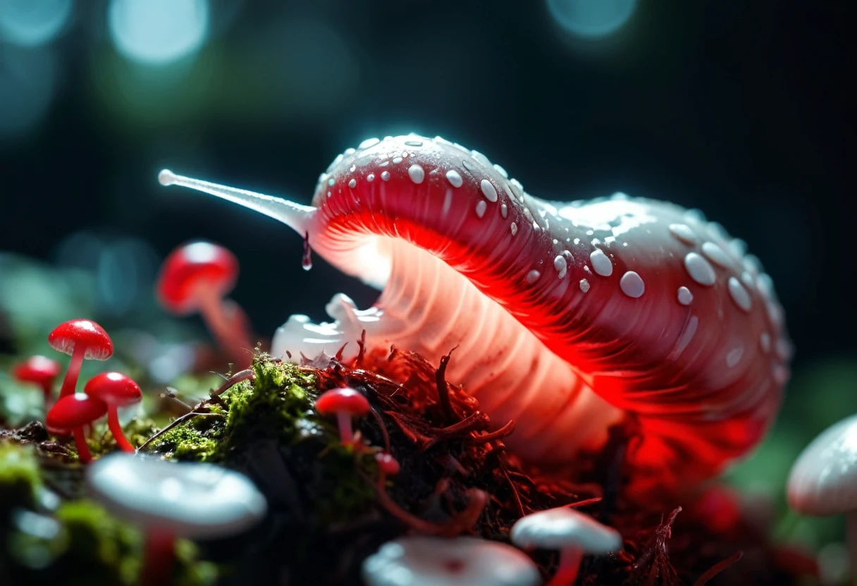 slimy translucent (slug crawling on top) of red and white mushroom, cinematic lighting, insane details, hyperrealistic extreme closeup macro photography, ?? megapixel DSLR