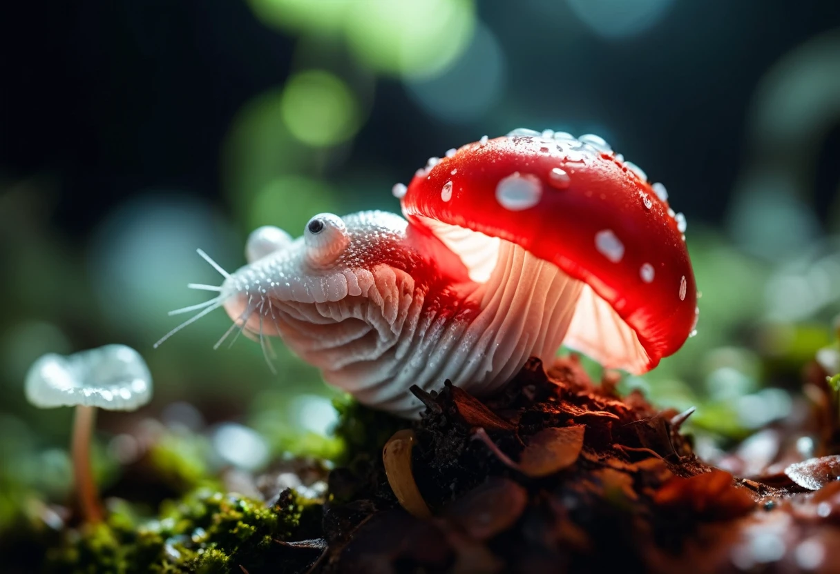 slimy translucent (slug crawling on top) of red and white mushroom, cinematic lighting, insane details, hyperrealistic extreme closeup macro photography, 64 megapixel DSLR