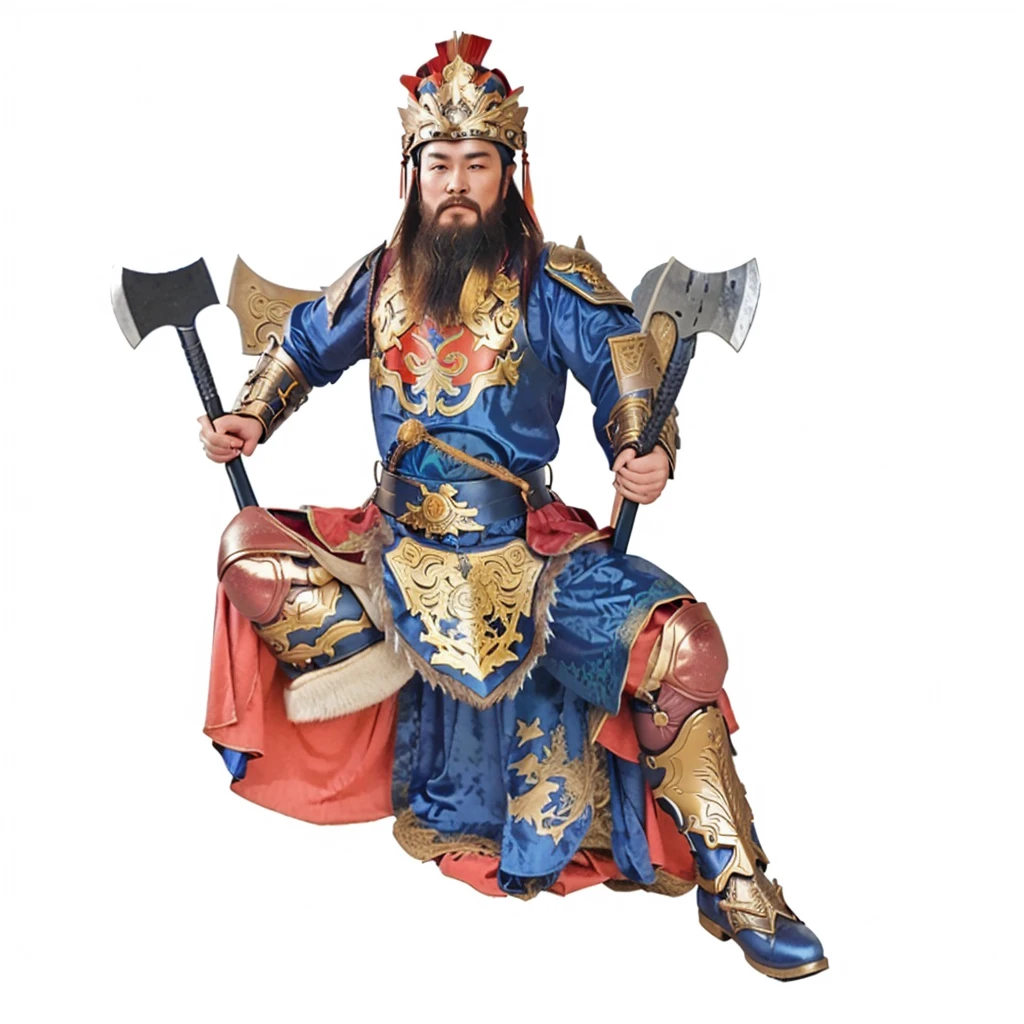 a chinese warrior with blue robe and armour, holding 2 axes, wild beard, showing his boots sole