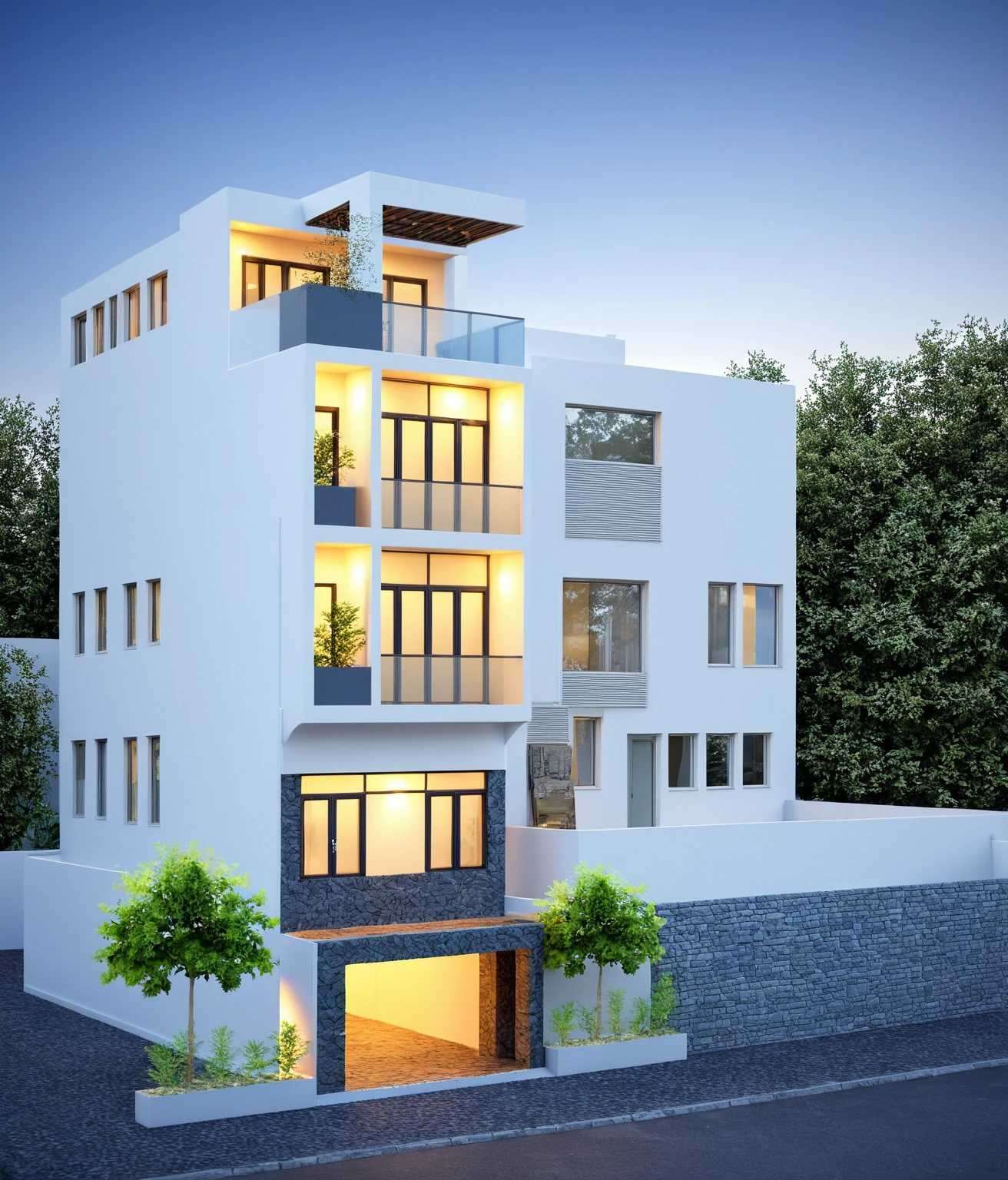 townhouse, (modern style:1.2), open roof top sky, exterior design, perspective view, (white wall:1.3), (block sidewalks and asphalt roads), (day sky background), Low trees around the house, (the house next door is lower than the subject designer's house), (mid day), (Neutral lighting is suitable for the townhouse, light color thermometer lighting), (architectural design visualization), (reflection), (focus on object), (material normal bump real reflection), (scattered light), (light ray), (multi-beam light), (sunbeam) (multi-level reflection), (chao vantage software visualization render),(((Best Quality))), ((Masterpiece)), ((best illustration)), ((best shadows)), ((Super Detail)), (Intricate lines), (Photorealism),(hyper detail), ((archdaily)), ((award winning design)), (dynamic light), ((day)), spotlight, (perfect light), (shimering light), ((photorealistic)), ((intricate detail)), ((extreme detail)), ((crazy detail)), ((octane render)), ((trending on artstation)), ((High-fidelity)), ((Viwvid)), ((Crisp)), ((Bright)), ((Stunning)), ((Eye-catching)), ((High-quality)),((Sharp))((Bright)), ((Stunning)), ((natural sun environment)), ((Eye-catching)), ((Illuminating)), ((Flawless)), ((High-quality)),((Sharp edge render)), ((medium soft lighting)), ((photographic render)), ((detailed archviz)), ((reality environment)), (modern townhouse design architectural design facade), (modern townhouse facade roof design), (modern townhouse facade wall design), (modern townhouse facade decoration material design) (townhouse facade door and window design modern), (environmental lighting design), (modern townhouse facade lighting design), (modern townhouse front gate and fence design), (Design lights for gate posts and fences), (townhouse facade railing design), (level of photo realism, depends on lighting, materials, composition, Real-Time Rendering, based on chao vantage timage rendering graphics software)