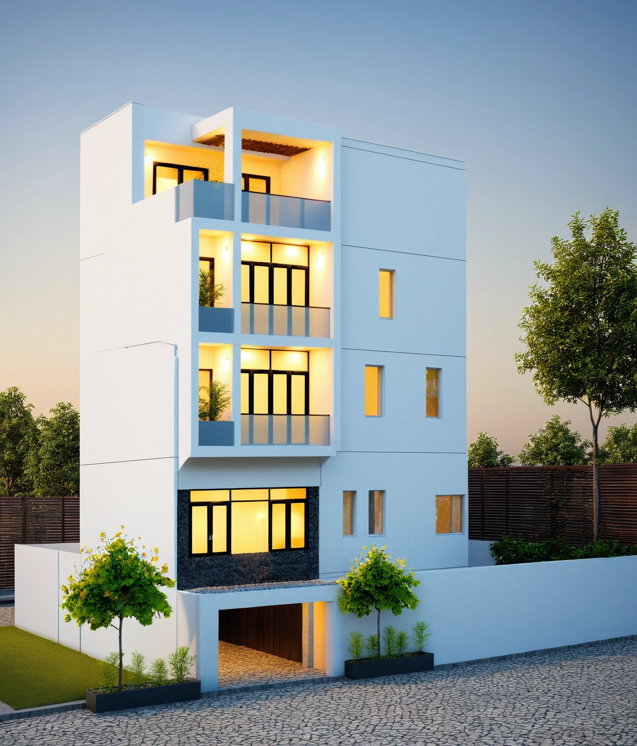 townhouse, (modern style:1.2), open roof top sky, exterior design, perspective view, (white wall:1.3), (block sidewalks and asphalt roads), (day sky background), Low trees around the house, (the house next door is lower than the subject designer's house), (mid day), (Neutral lighting is suitable for the townhouse, light color thermometer lighting), (architectural design visualization), (reflection), (focus on object), (material normal bump real reflection), (scattered light), (light ray), (multi-beam light), (sunbeam) (multi-level reflection), (chao vantage software visualization render),(((Best Quality))), ((Masterpiece)), ((best illustration)), ((best shadows)), ((Super Detail)), (Intricate lines), (Photorealism),(hyper detail), ((archdaily)), ((award winning design)), (dynamic light), ((day)), spotlight, (perfect light), (shimering light), ((photorealistic)), ((intricate detail)), ((extreme detail)), ((crazy detail)), ((octane render)), ((trending on artstation)), ((High-fidelity)), ((Viwvid)), ((Crisp)), ((Bright)), ((Stunning)), ((Eye-catching)), ((High-quality)),((Sharp))((Bright)), ((Stunning)), ((natural sun environment)), ((Eye-catching)), ((Illuminating)), ((Flawless)), ((High-quality)),((Sharp edge render)), ((medium soft lighting)), ((photographic render)), ((detailed archviz)), ((reality environment)), (modern townhouse design architectural design facade), (modern townhouse facade roof design), (modern townhouse facade wall design), (modern townhouse facade decoration material design) (townhouse facade door and window design modern), (environmental lighting design), (modern townhouse facade lighting design), (modern townhouse front gate and fence design), (Design lights for gate posts and fences), (townhouse facade railing design), (level of photo realism, depends on lighting, materials, composition, Real-Time Rendering, based on chao vantage timage rendering graphics software)