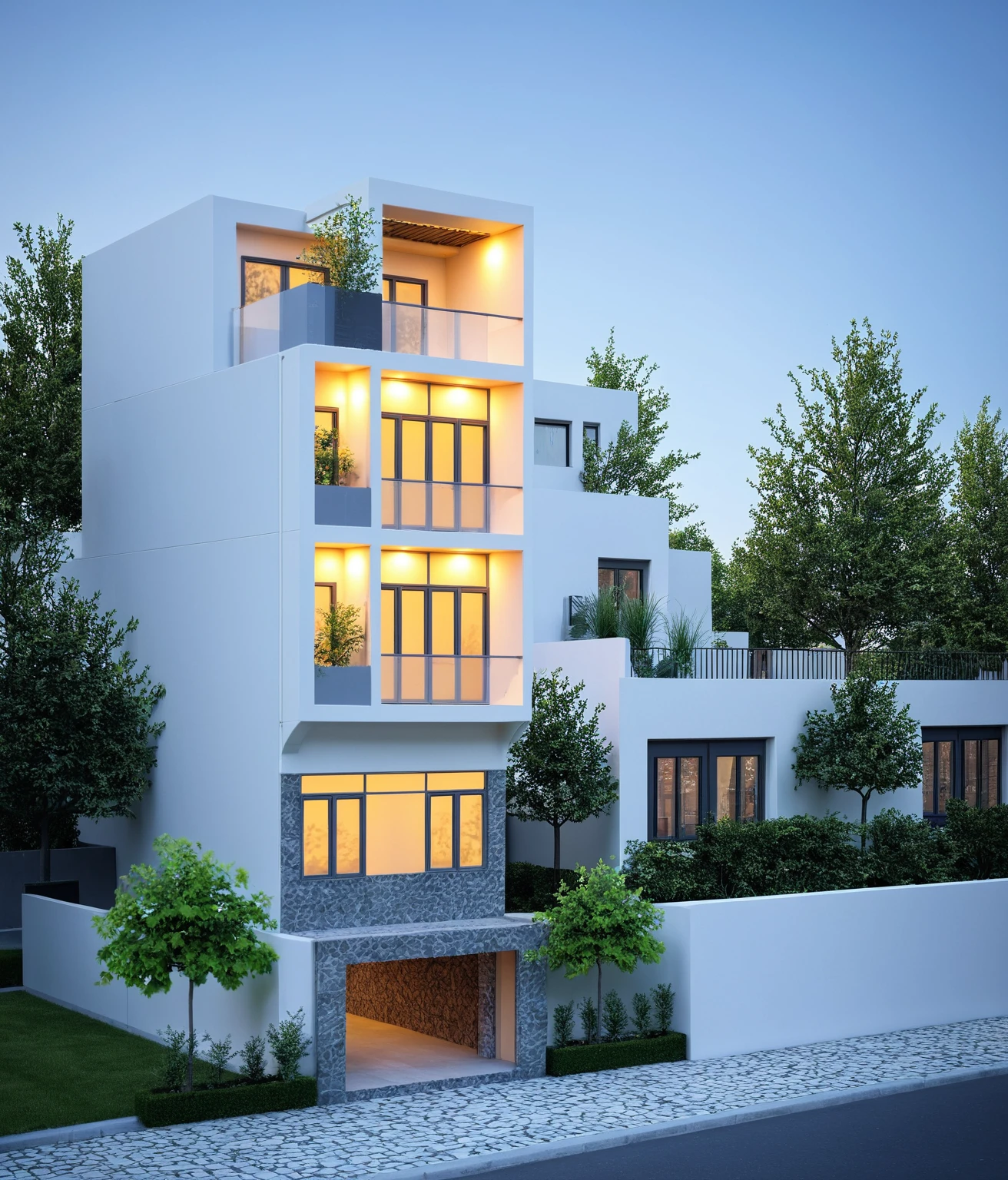 townhouse, (modern style:1.2), open roof top sky, exterior design, perspective view, (white wall:1.3), (block sidewalks and asphalt roads), (day sky background), Low trees around the house, (the house next door is lower than the subject designer's house), (mid day), (Neutral lighting is suitable for the townhouse, light color thermometer lighting), (architectural design visualization), (reflection), (focus on object), (material normal bump real reflection), (scattered light), (light ray), (multi-beam light), (sunbeam) (multi-level reflection), (chao vantage software visualization render),(((Best Quality))), ((Masterpiece)), ((best illustration)), ((best shadows)), ((Super Detail)), (Intricate lines), (Photorealism),(hyper detail), ((archdaily)), ((award winning design)), (dynamic light), ((day)), spotlight, (perfect light), (shimering light), ((photorealistic)), ((intricate detail)), ((extreme detail)), ((crazy detail)), ((octane render)), ((trending on artstation)), ((High-fidelity)), ((Viwvid)), ((Crisp)), ((Bright)), ((Stunning)), ((Eye-catching)), ((High-quality)),((Sharp))((Bright)), ((Stunning)), ((natural sun environment)), ((Eye-catching)), ((Illuminating)), ((Flawless)), ((High-quality)),((Sharp edge render)), ((medium soft lighting)), ((photographic render)), ((detailed archviz)), ((reality environment)), (modern townhouse design architectural design facade), (modern townhouse facade roof design), (modern townhouse facade wall design), (modern townhouse facade decoration material design) (townhouse facade door and window design modern), (environmental lighting design), (modern townhouse facade lighting design), (modern townhouse front gate and fence design), (Design lights for gate posts and fences), (townhouse facade railing design), (level of photo realism, depends on lighting, materials, composition, Real-Time Rendering, based on chao vantage timage rendering graphics software)