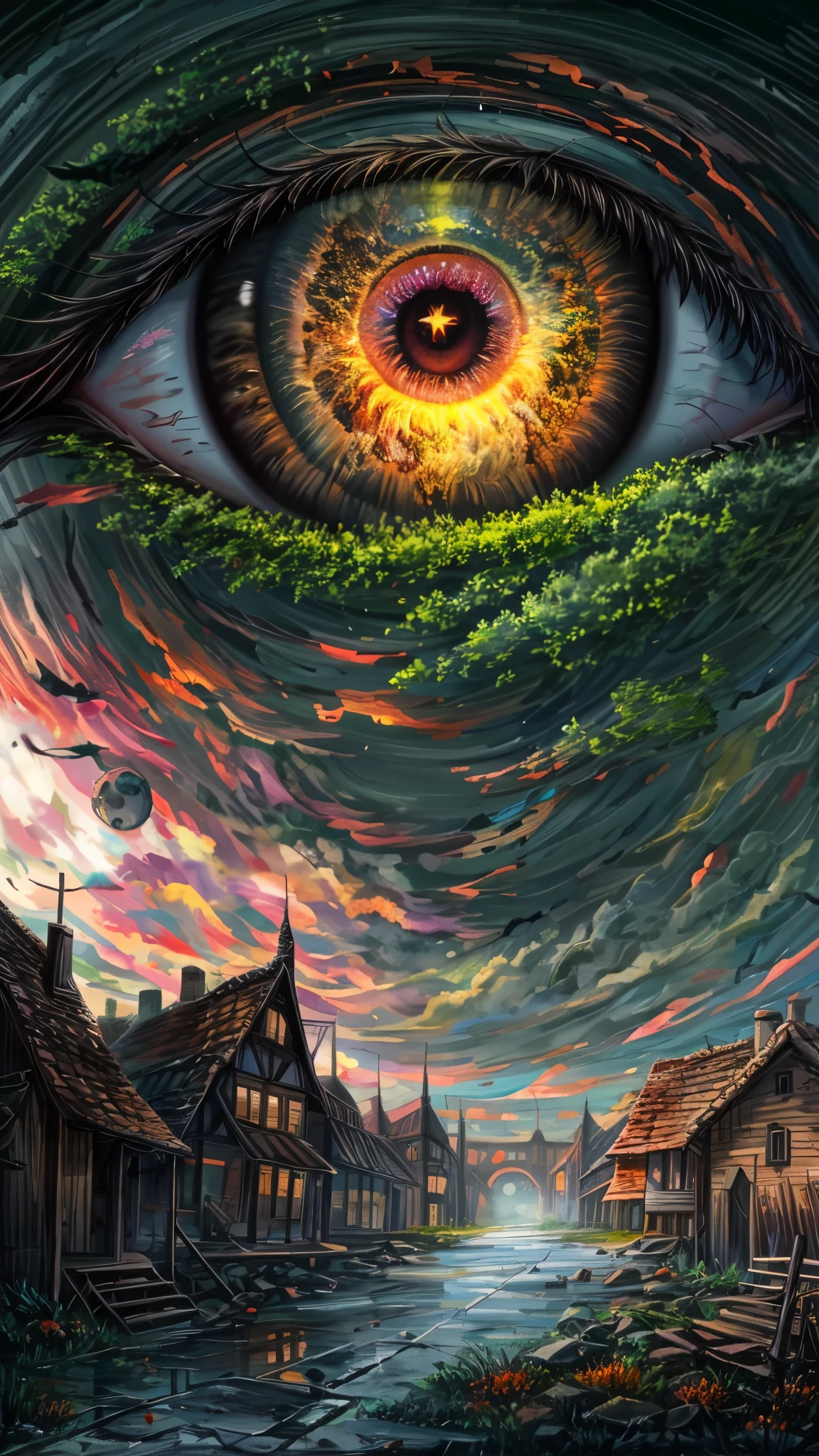 Gigantic demonic eye floating in the sky, huge luminous eye, scary, awful, impressive, Gigantic, very damaged skin around the eye, eye looking towards a small medieval village, best quality, best colors, dynamic point of view, view from 'below, apocalyptic film scene, melting into the middle of the night.
