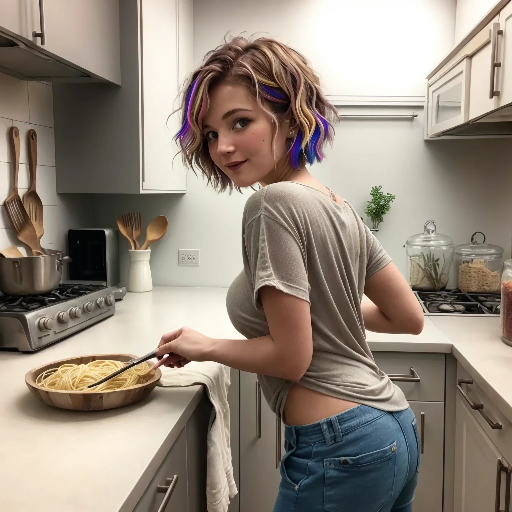 dilapidated kitchen, warm lighting and shading, (cramped, cuisine sale avec vaisselle dehors) , (American woman with multi-colored pixie cut hair leaning against counter with spatula in hand), souriant, confident, (((Nude))), ((visage sale)) , claustrophobic shot, masterpiece, best quality, tetas grandes, bol de spaghetti sur le comptoir, (old light fixtures) , ((compteur sale)), (pixie haircut)