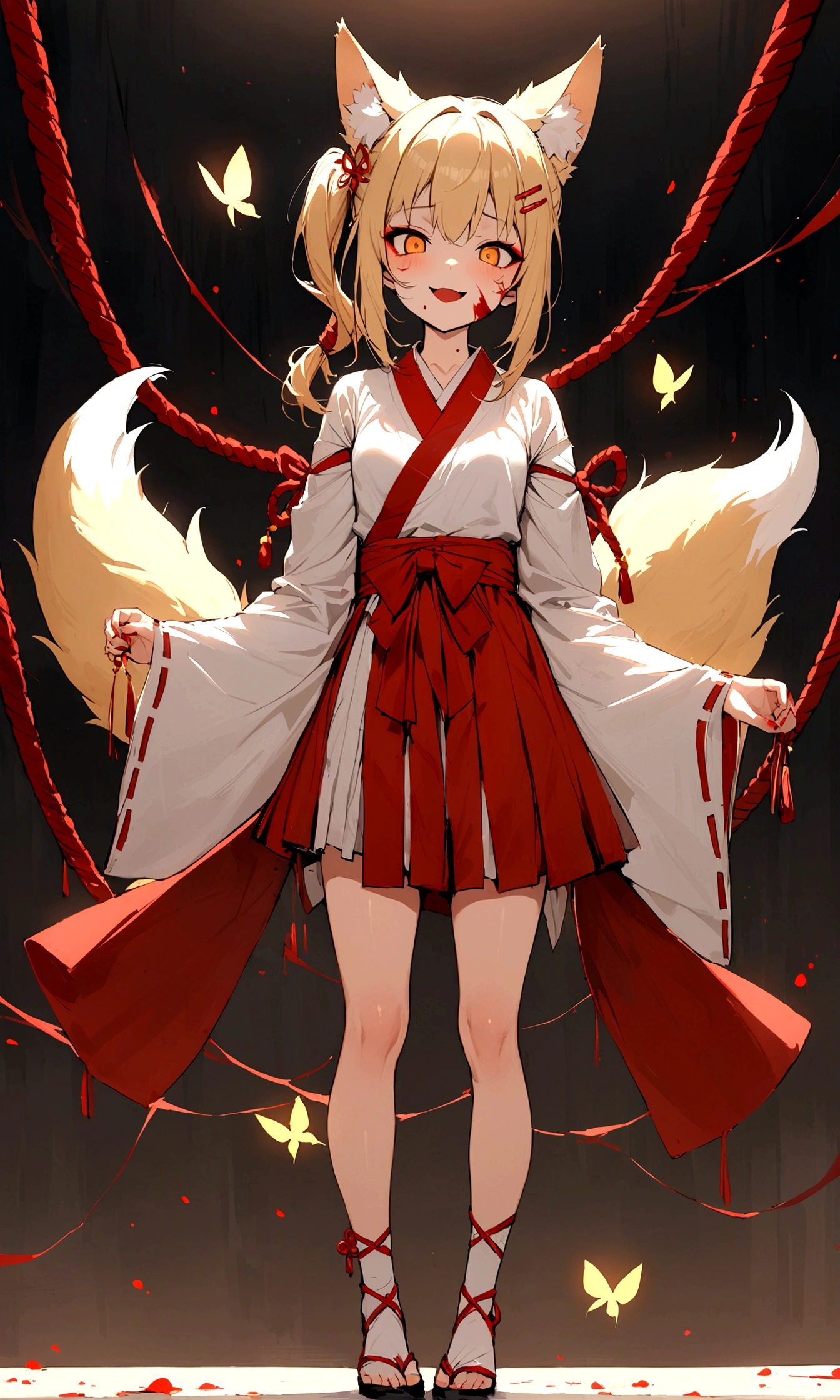 (masterpiece, best quality) junior,1girl,detailed, (beautiful,small breasts), blonde,long hair, side ponytail(tied to the left),Hairpin decoration with gold butterfly, elegant, (fox ears),nine tailed fox tail, red eyeshadow, golden eyes, femur,dark night sky,girl,yandere eyes,bloody face,bloody kimono(White Top),Red skirt,miko,Bloody(blood on fullbody),bloody dagger,ninja rope,holding weapon,evil smile