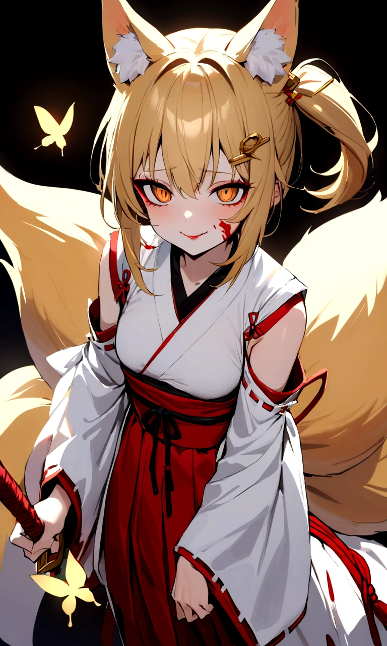 (masterpiece, best quality) junior,1girl,detailed, (beautiful,small breasts), blonde,long hair, side ponytail(tied to the left),Hairpin decoration with gold butterfly, elegant, (fox ears),nine tailed fox tail, red eyeshadow, golden eyes, femur,dark night sky,girl,yandere eyes,bloody face,bloody kimono(White Top),Red skirt,miko,Bloody(blood on fullbody),bloody dagger,ninja rope,holding weapon,evil smile
