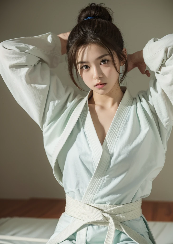 (Realistic, photo-Realistic:1.37),(8K, RAW Photos, Highest quality, masterpiece:1.2), Ultra-detailed, 超High resolution, Kodak Vision Color, Filmed with an Arricam LT camera,Highest quality, Lively, 8K, High resolution, 1 female, Japanese、Escape, (Professional Lighting), (Portraiture:0.6),Brown Hair, (Medium Hair),23 years old、judo、judo場、tatami、Black belt、judo着を着て、Bun Head、Carrying on one back、judoをして、Fight、 (((No extra arms))),