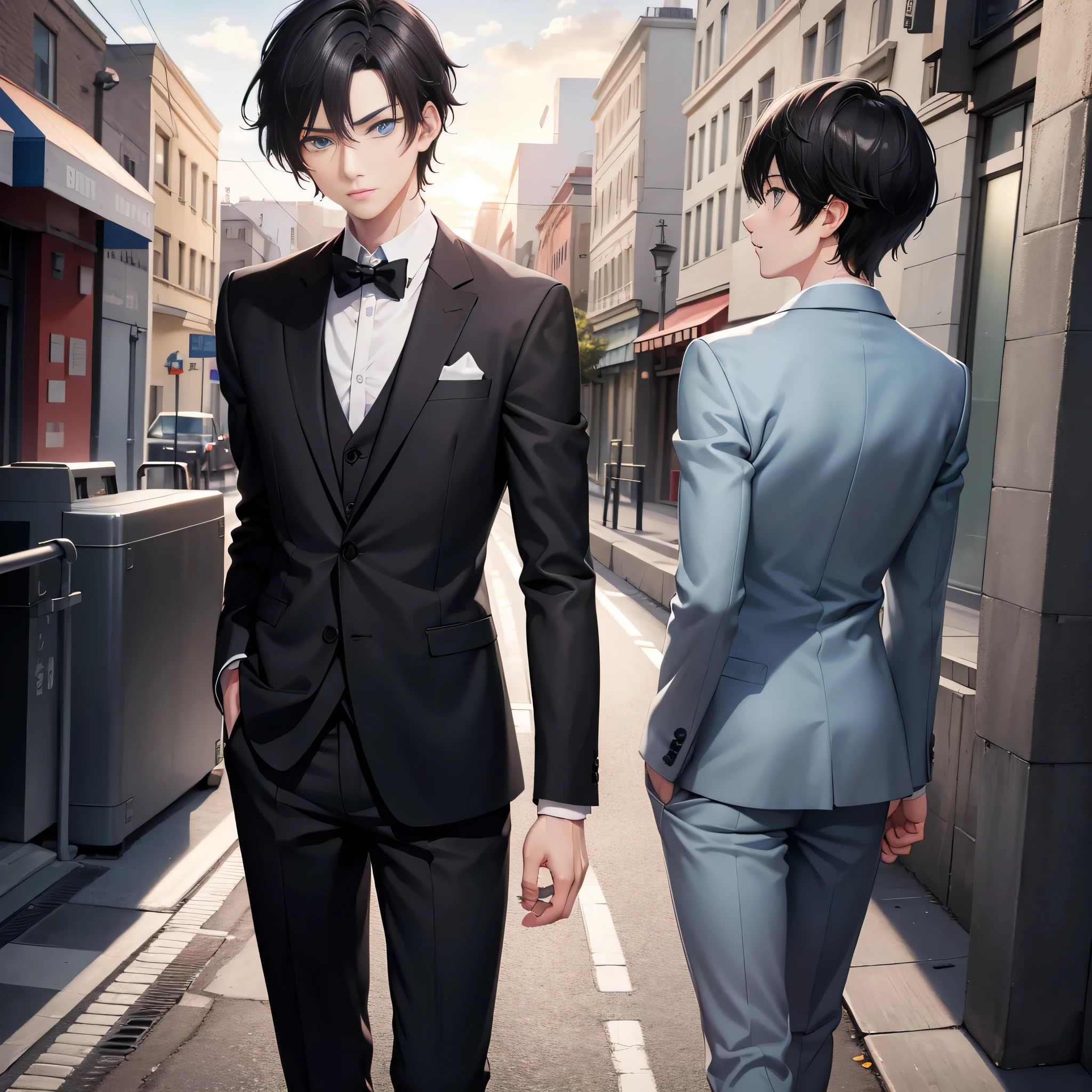 Realistic anime style, 1 boy, black short hair, light blue eyes, Wearing an all gray suit, road, sunset, high resolution, extra sharp, 8K, Masterpiece, Look at the audience from behind