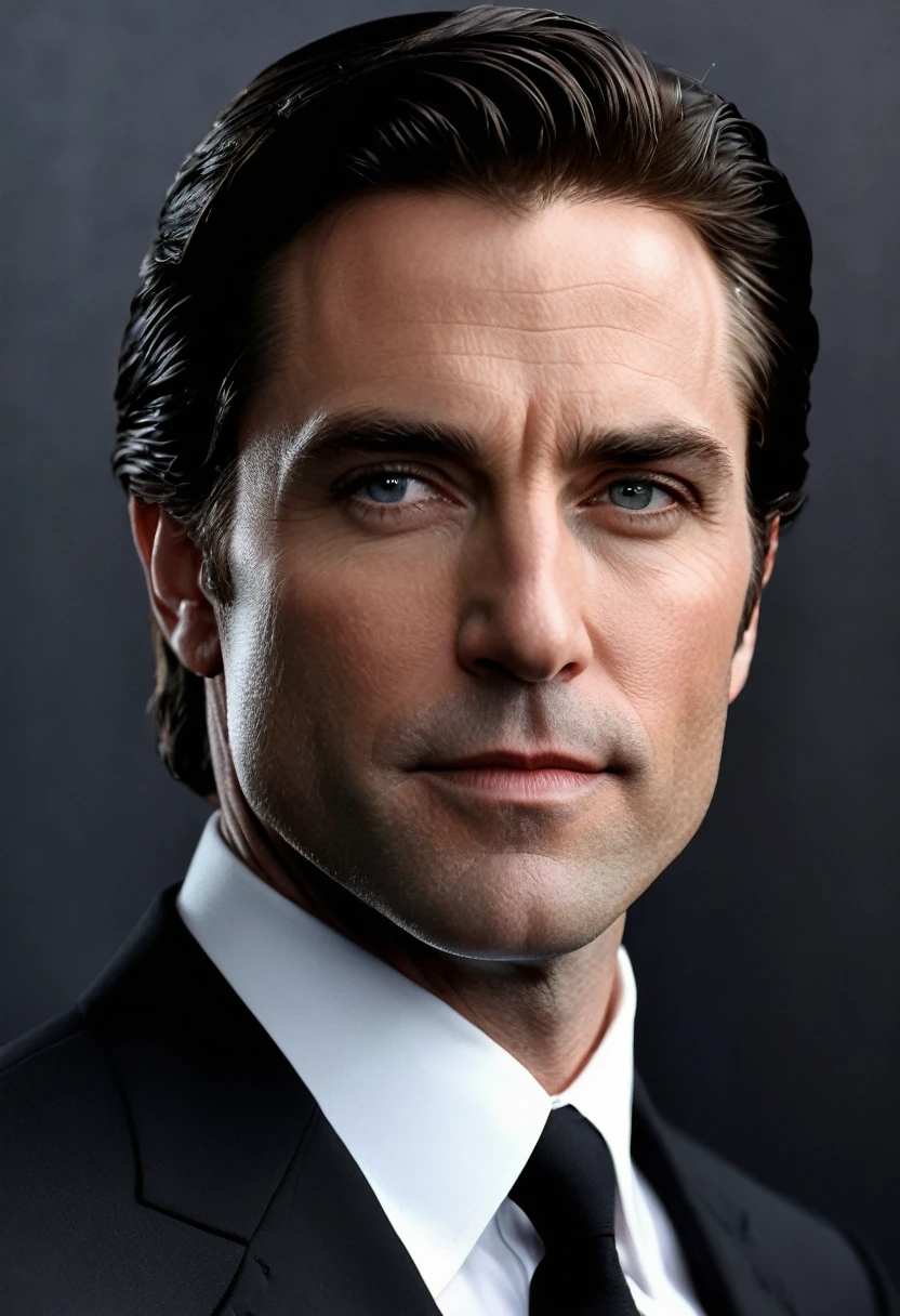 A portrait of Bruce Wayne whose facial features are a combo of Kevin Conroy + Robert Pattinson + Ben Affleck + Christian Bale + Val Kilmer + Michael Keaton. Bruce wears a sharp black suit. Bruce has black hair. Symmetrical eyes. Symmetrical face. Great details. Photorealistic. Full-colored photo. Professional photo. Highly detailed 8K.