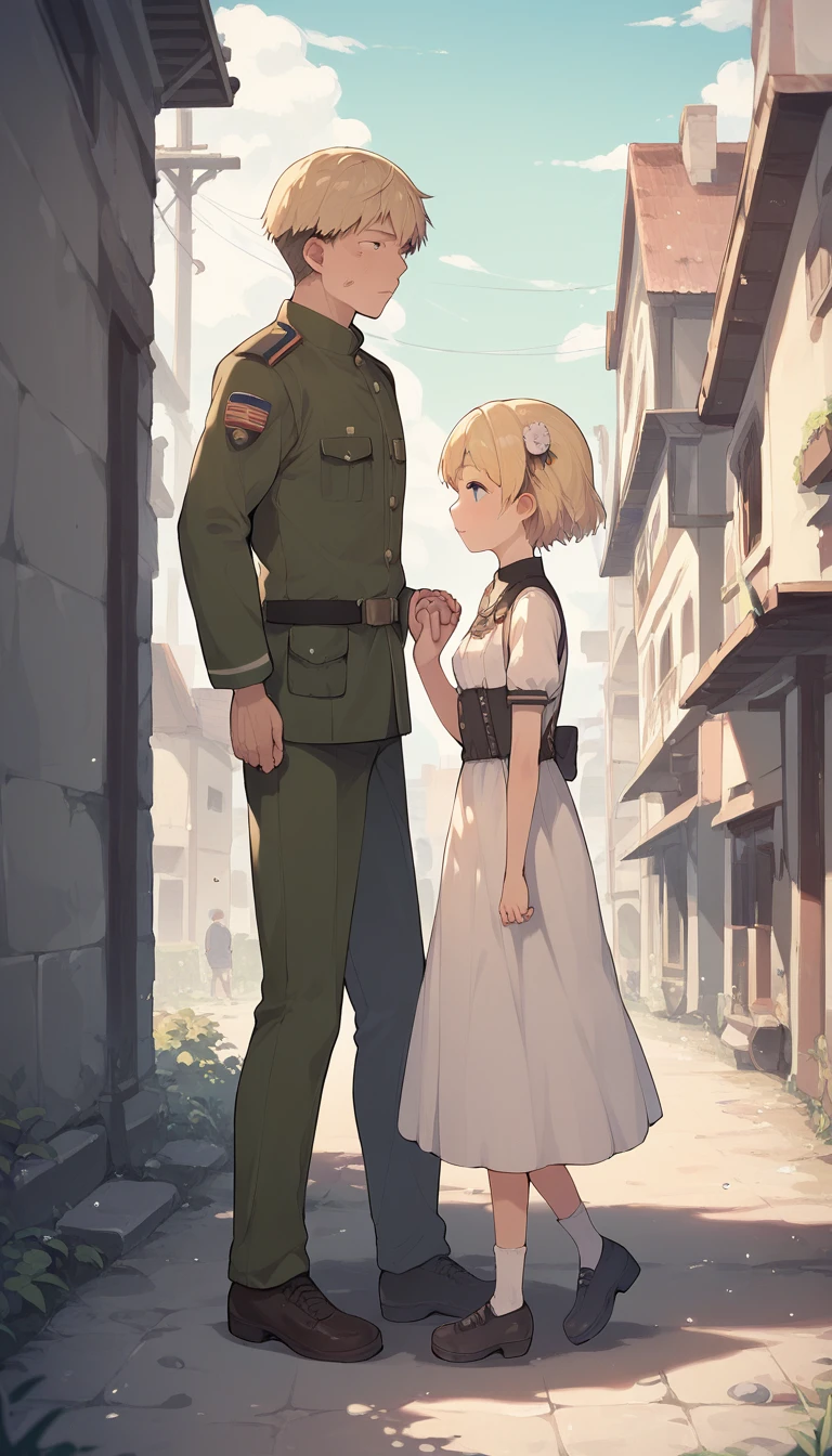 score_9, score_8_up, score_7_up, source_anime BREAK
1girl, 14yo, _young, from side, small breasts, ((girl dirty thorned dress)), holding hands, hand in another's hand, blonde short hair, grey eyes, sad face, town ruins, outdoors, walking, size difference, faceless male, male face out of frame, (male modern military uniform)