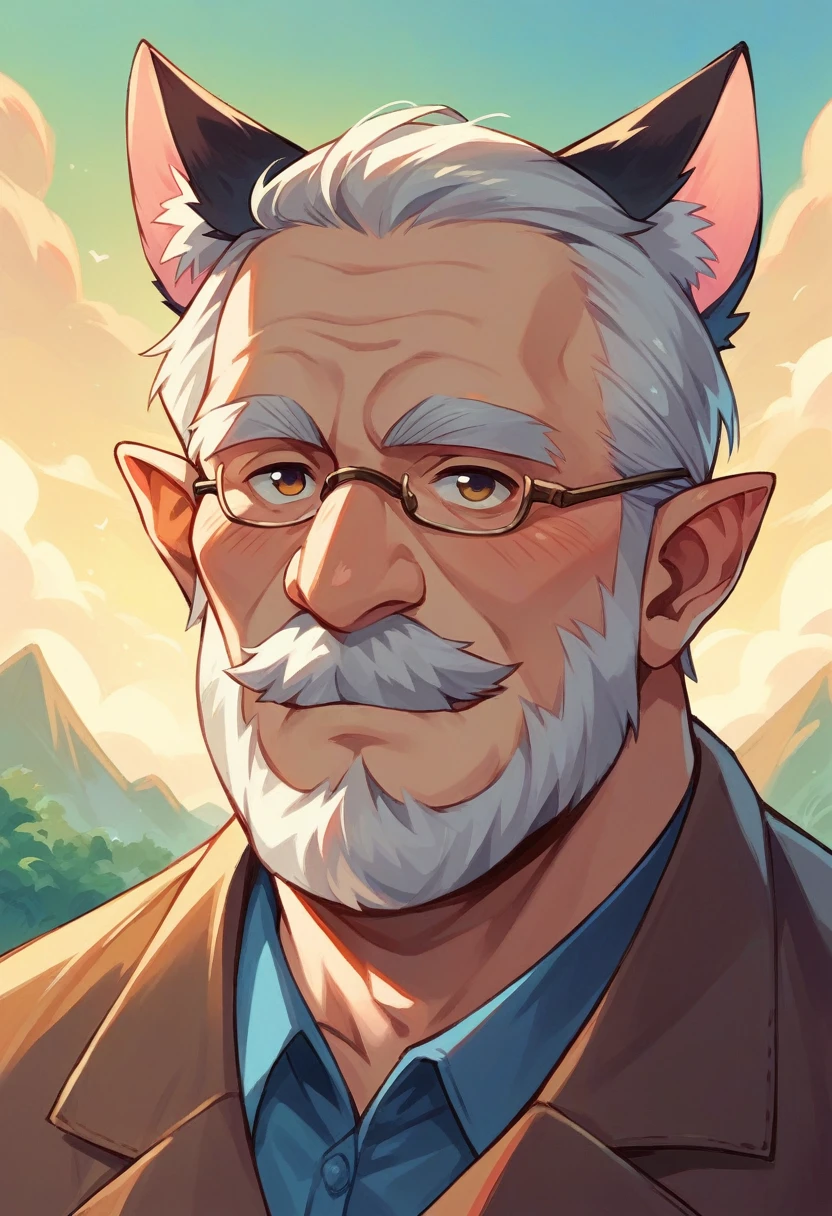 Cat ears, old man, cute, fat, beard, idyllic scenery, illustration, 1 person, bust up