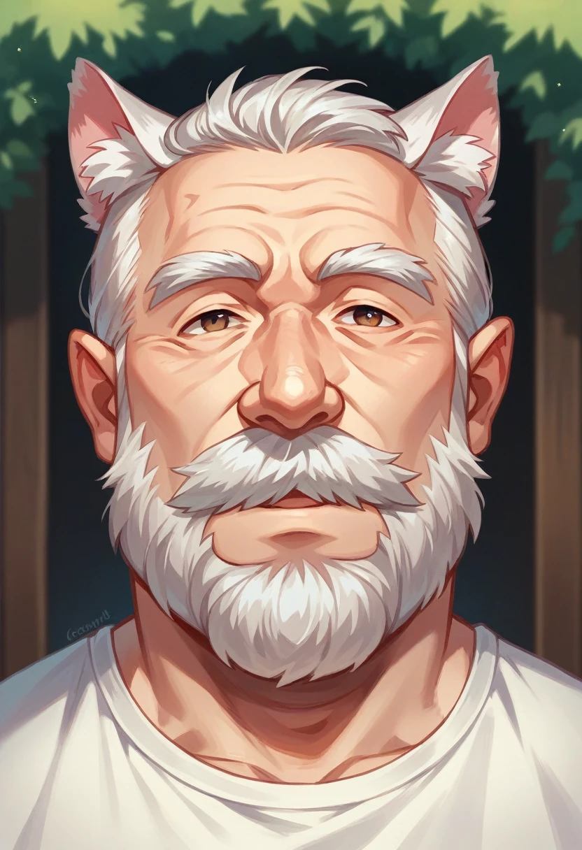 Cat ears, old man, cute, fat, beard, idyllic scenery, illustration, 1 person, bust up