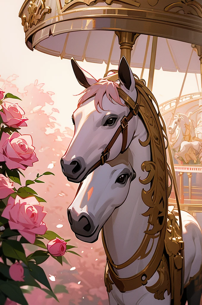 horse carousel,white with pink tones and gold details,with bushes of red roses and it being Winter