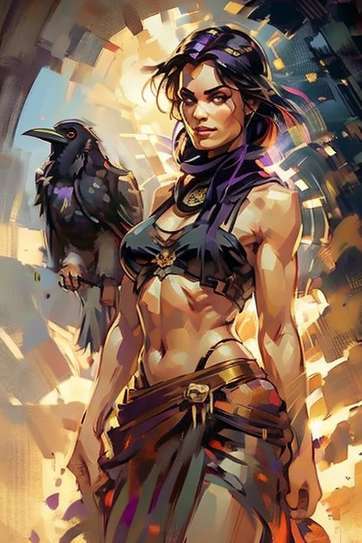 (playing with a raven:1.4),((ultra realistic illustration:1.2)),(dark fantasy:1.4), In a desert kingdom. Beautiful harem girl, black hair with bangs, seductive dark eyes. dark tan skin, (short:0.8),gorgeous fit figure, toned legs,natural medium breasts, abs, perfect round ass, perfect skin, sheer silk dress, gold jewelry, navel piercing, Egyptian eye makeup, pomegranate red lips, gold sandals. Masterpiece, (highly detailed:1.2),(detailed face and eyes:1.2), 8k wallpaper, natural lighting. core shadows, high contrast, bokeh.