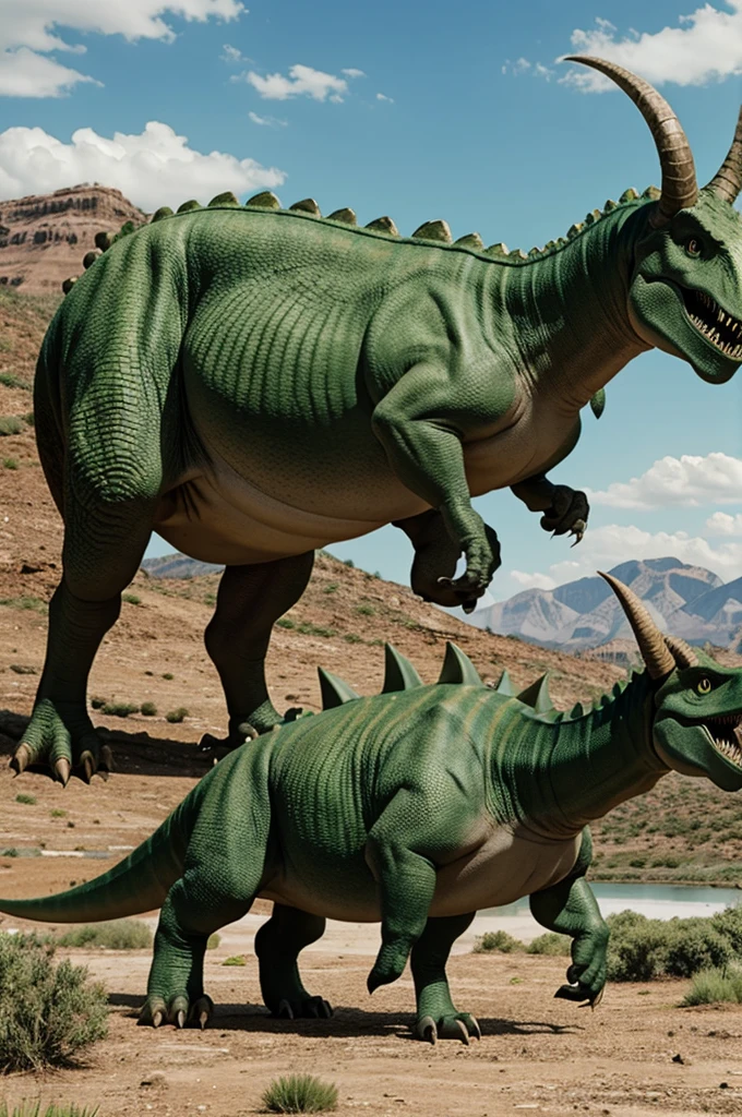 Dinosaurs has a short tail , rough green skin and long horns
