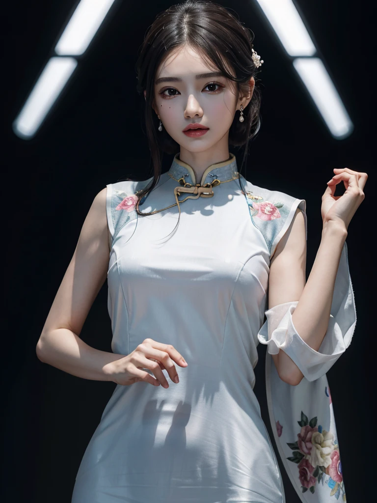 absurdres, RAW photo, extremely delicate and beautiful, masterpiece, Best Quality, ultra high resolution, 32k, hyperrealistic, ultra-detailed, perfect figure, in her 20s, very small head, very small face, delicate facial features, tearful mole, earring, ((huge breasts)), ((((full body shot)))), medium hair, black hair, ((cheongsam)), sleeveless, deep slit,
