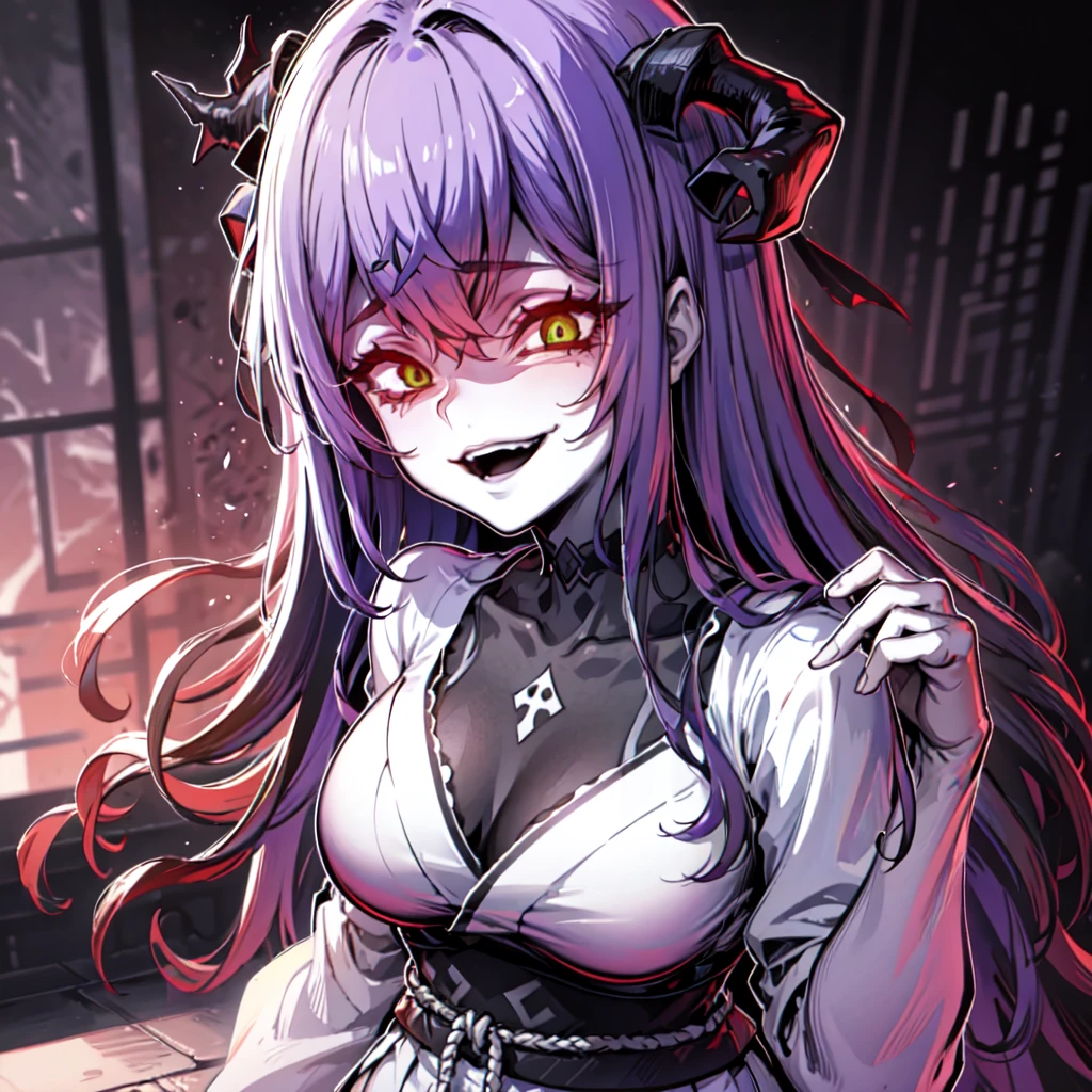 Demond japanese green eyes, smile, (purple hair:1.2), short fluffy hair, lustful, horns, black horns, despair, haunting, collarbone,  thorns,hair between eyes, yoshitaka amano character design, style by NTY, morbid, solo (gesugao), gesugao facial expression, sadistic smile,  big 

High cuality 4k hd