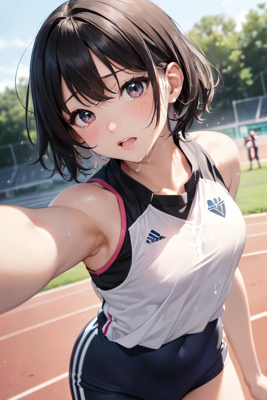 very cute and beautiful girl,(Very detailed美しい顔), (((Close-up shot of face、Open your mouth very wide、Sweating all over、White liquid))),blush,Black Hair,Seraphim,((short hair、Black Hair、Pink hair on the inside、Gal、Small breasts)),((Track & field athletes' uniforms)),((Reaching for the camera、Low - Angle、Dynamic Angle)), ((outside)), (Highest quality,masterpiece:1.0),Absurd,High resolution,Super detailed,Very detailed,32k,8K resolution, Intricate details,Movie Scenes,Detailed Background,alone,Dynamic Angle,