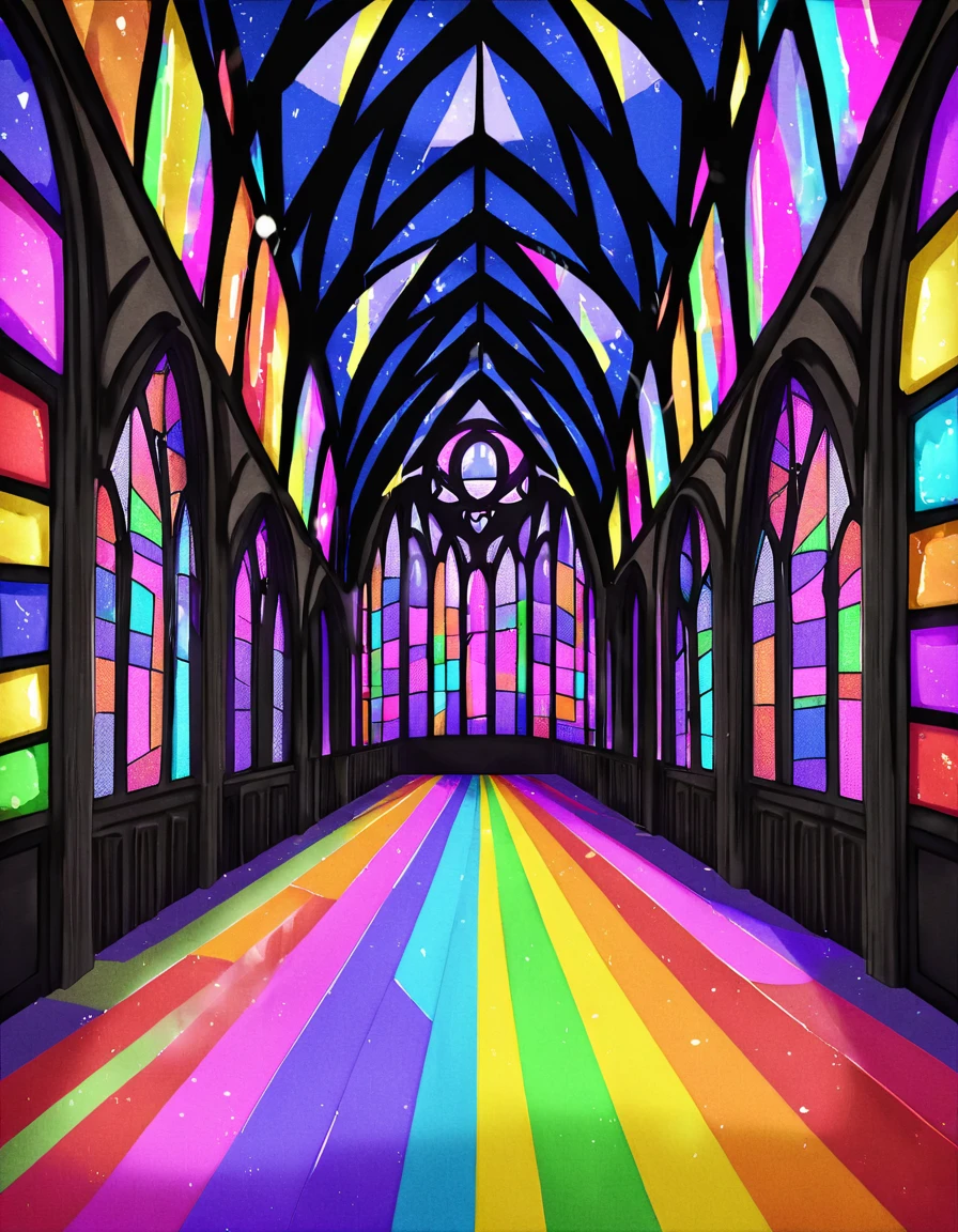 Realistic environment of a dark cathedral style room, with lights passing through colorful stained glass windows. Ao centro, vtuber bg, (add lgbtq element and colors: 1.5) , pride flag