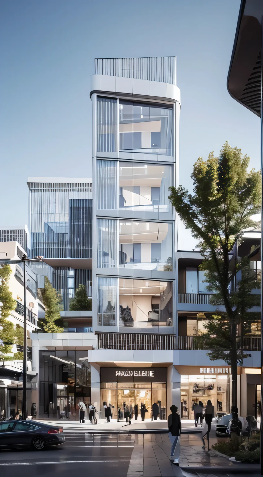 SYJZ,This is a picture of architectural design. There is a modern building in the picture. The exterior design of the building is composed of multiple curves,the color of the curves is white,and the material of the curves is metal. There are some shops under the building. The exterior design of the shops is glass,and the color of the shops is dark green. There are some trees around the building. The color of the trees is green. The background of the building is some tall buildings,and the color of the tall buildings is gray,watermark,