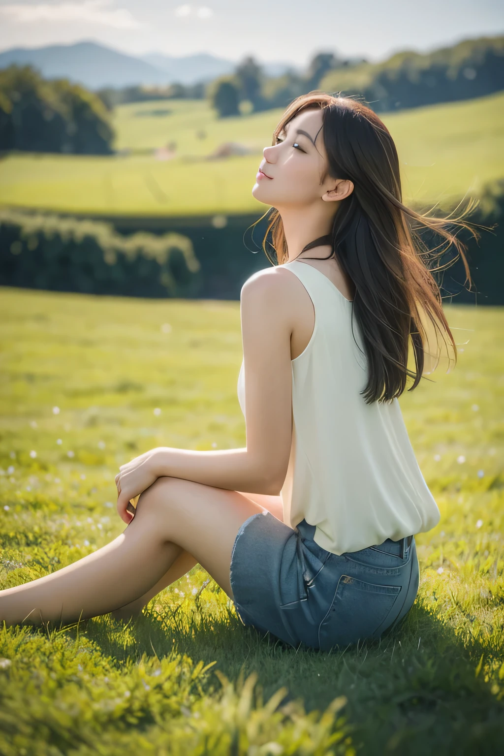 A beautiful girl listens to music on a green meadow