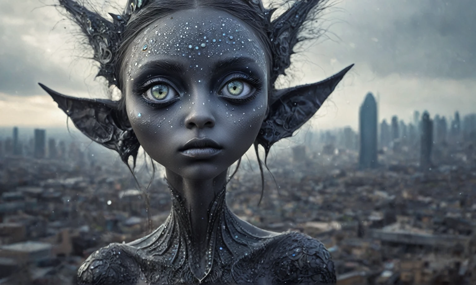 pretty face,eyebrow up,full body length shot,obsidian elf,full body length shot,very beggar niobium graphite The Alien Entity, , wants eat,full body shot, of psychedelic style ,The iris looks weird, attractive, The stars in space is reflected in the pupil, goose down eyelashes, long wavy luminescent hair,insane baggy clothes,view from height,full-body-shot,High contrast,Masterpiece,Realistic,Ultra Detailed,intricate details,realistic humid skin,extremly intricate,realism,photorealism, cinematic style,irina yermolova,HDR,((Wangechi Quality)),ominous landscape,glate gray atmosphere,by art Simon Stalenhag,Nicola Samori,(((Wangechi Mutu))),prime colors,urban,extremely detailed,masterpiece,intricate details,faded,eyes extremely detailed, high detailed eyes,4k resolution,RAW, Nikon Z9,scary town,stalker,goblin,Dubai of United Arab Emirates,Mestichino,Light particles,marble leather ,ink photography ,Mestichino,Light particles,chaos