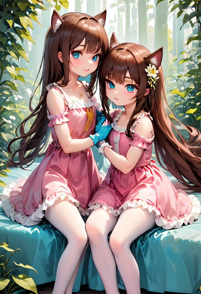 (Style-Princess) (1 man, 1 catgirl) (hetero, couple) (crossdressing, fully clothed) (brown hair, blue eyes) (portrait) (women's clothes only) (women's beautifully feminine skintight velvet floral print frilly girly pink adorable ballet leotards) (white opaque tights, no shoes) (tiaras, pink shoulder-length silk gloves:1.3) (woman's bedroom, four-poster bed) (lying down, hugging, bending knee) (intimacy, playfulness, closeness)