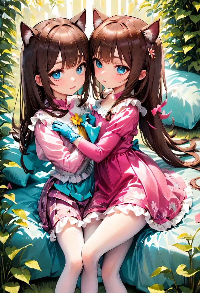 (Style-Princess) (1 man, 1 catgirl) (hetero, couple) (crossdressing, fully clothed) (brown hair, blue eyes) (portrait) (women's clothes only) (women's beautifully feminine skintight velvet floral print frilly girly pink adorable ballet leotards) (white opaque tights, no shoes) (tiaras, pink shoulder-length silk gloves:1.3) (woman's bedroom, four-poster bed) (lying down, hugging, bending knee) (intimacy, playfulness, closeness)