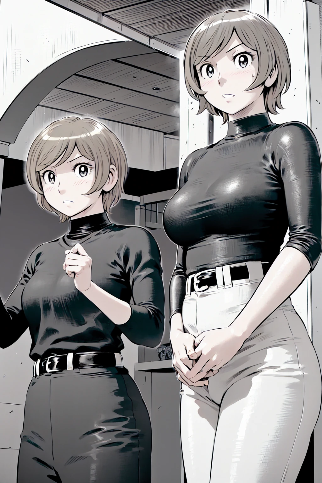 (野球uniform:1.2),
Blonde, (short hair:1.2),Long sleeve, Black Shirt, turtleneck,White trousers、uniform、Black belt、((Illustration of a person))、big 、
View your viewers,, (Highest quality:1.3),One Girl, White pants、uniform、Outdoor、baseball ground、ground、soil、blue eyes、Tight black shirt、(masterpiece、Highest quality)、Highest quality, Ultra-high resolution, (((masterpiece))), alone, Sweat、big eyes、big Breasts、One Girl, Front view、Embarrassed face、Bronze colored hair、((short hair))、Stand up straight、Cowboy Shot