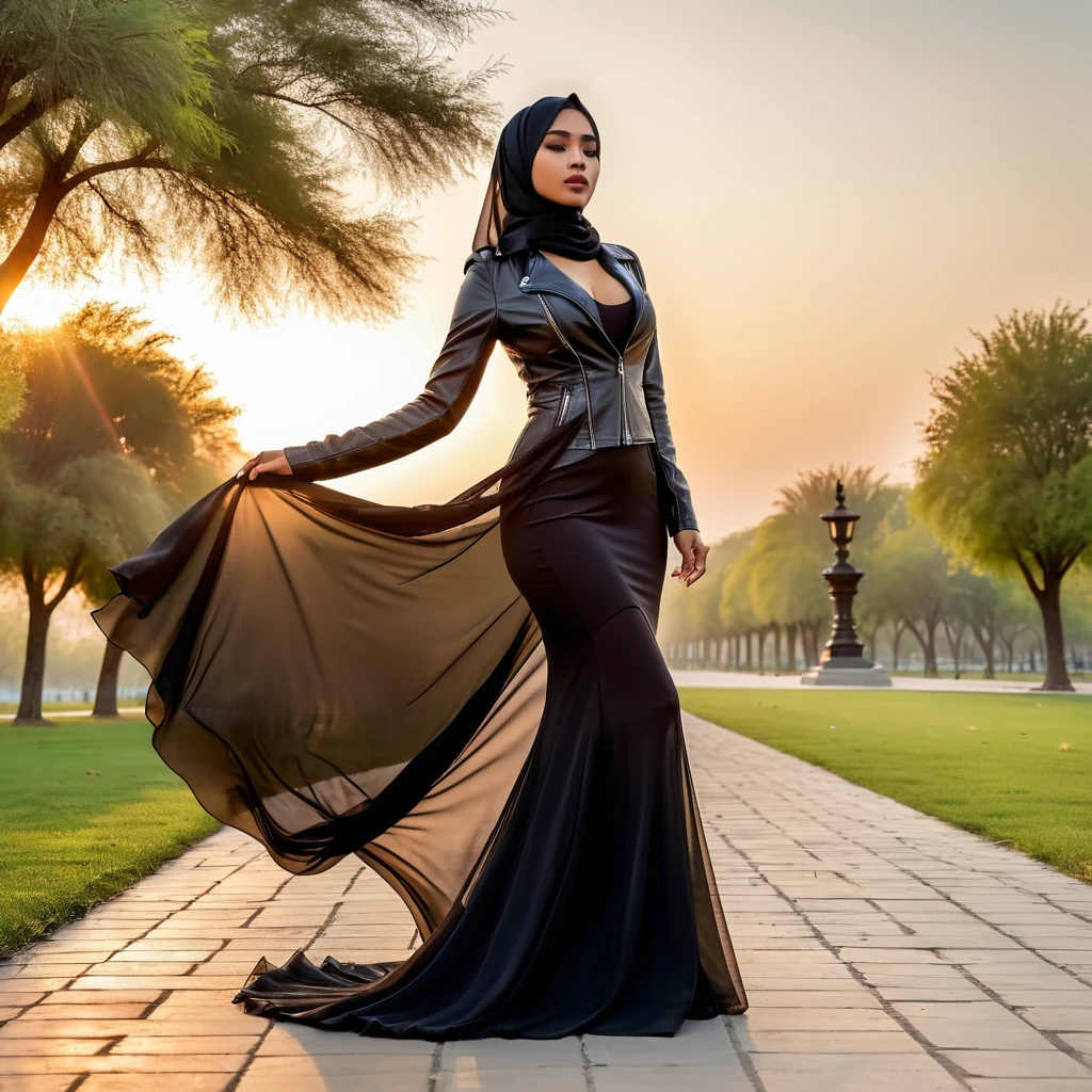 A woman in long sheer fabric dress,wearing hijab, wear leather jacket, full body,mermaid tight long dress,very long flor length dress, tall women, in park,sunset, sexy face, winds blow her gown, sexy pose, masterpice, hyper realistic, 