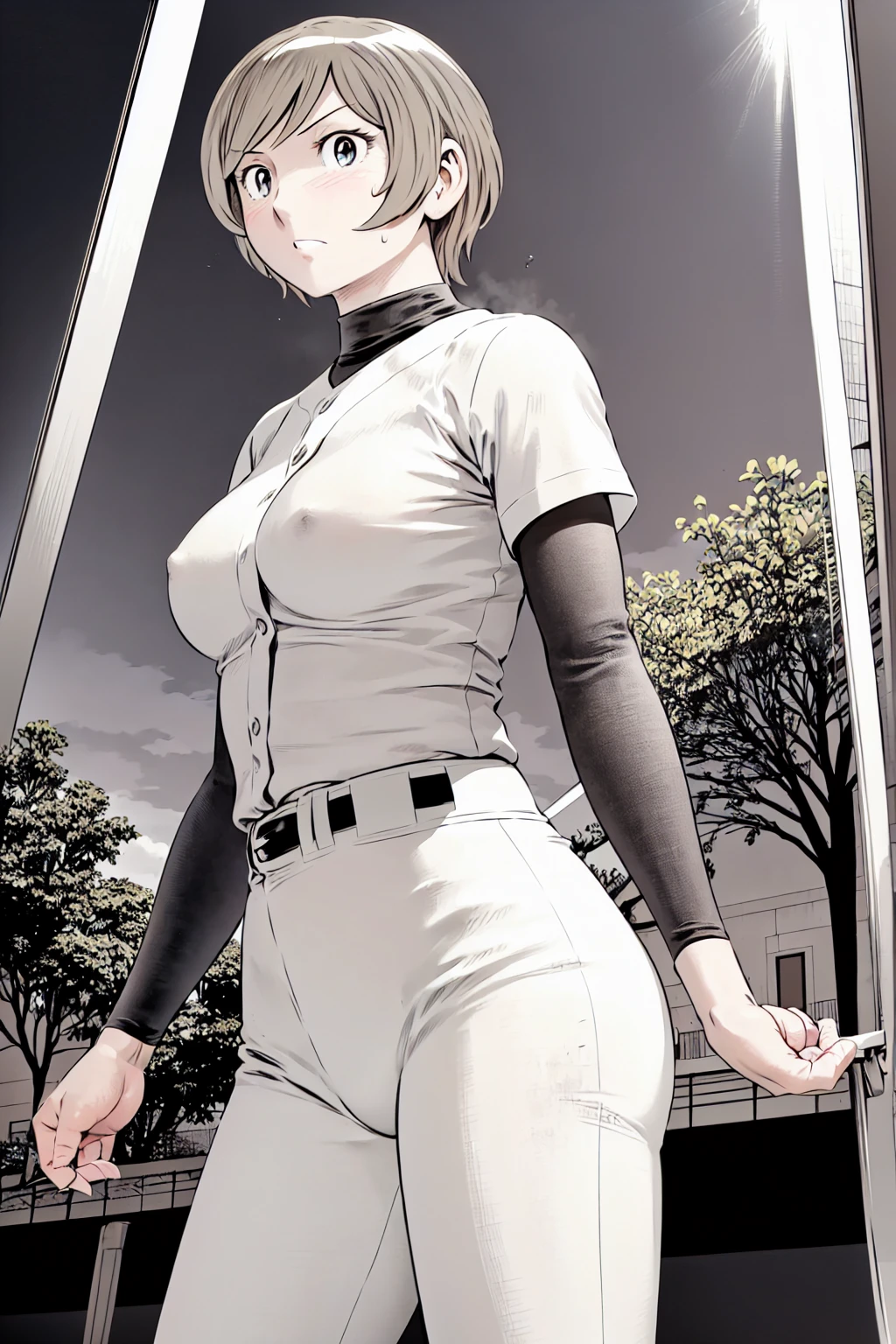 (野球uniform:1.2),
Blonde, (short hair:1.2),Long sleeve, Black Shirt, turtleneck,White trousers、uniform、Black belt、((Illustration of a person))、big 、
View your viewers,, (Highest quality:1.3),One Girl, White pants、uniform、Outdoor、baseball ground、ground、soil、blue eyes、Tight black shirt、(masterpiece、Highest quality)、Highest quality, Ultra-high resolution, (((masterpiece))), alone, Sweat、big eyes、big Breasts、Torn clothes、 fully exposed、Nipples、One Girl, Front view、Embarrassed face、Bronze colored hair、((short hair))、Stand up straight、Cowboy Shot