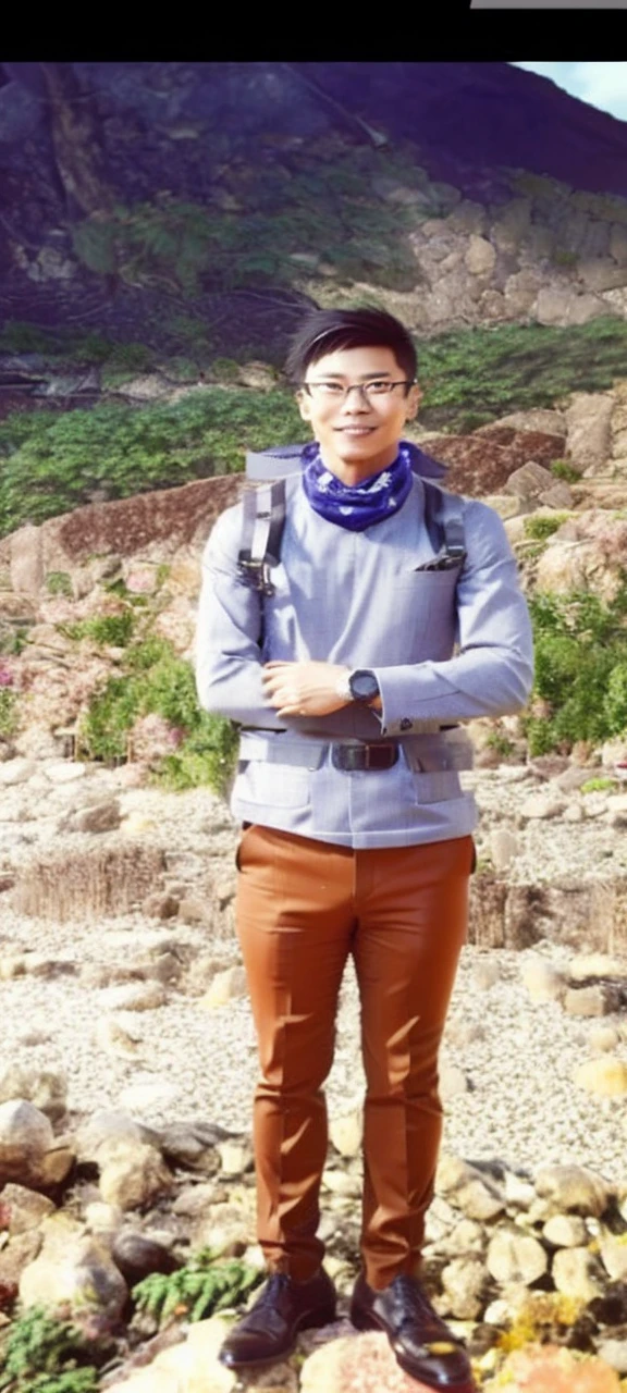 1man, full body, 24 years old, muscular, eyeglasses, satoshi himekawa, cold, yellow pants, bulge, (white) hiking jacket, gloves, nature high mountain scenery