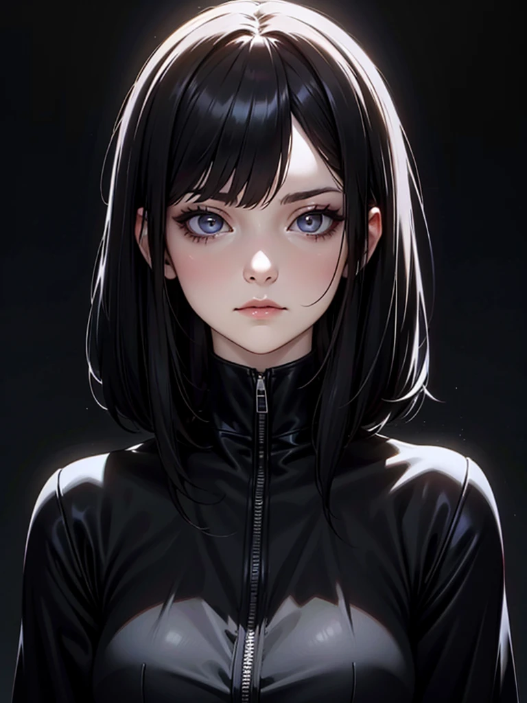 ((Portrait Photo)), She has an Indifferent, Black-Haired Appearance, with a Slim, Graceful Build. She Expresses a Cold and Detached Look, Giving Off an Unapproachable and Mysterious Attitude. She has Pale Skin and Deep, Dark Eyes, Her Hair is Long, Straight, and Black. ((Portrait Photo, HDR, Dark Background))