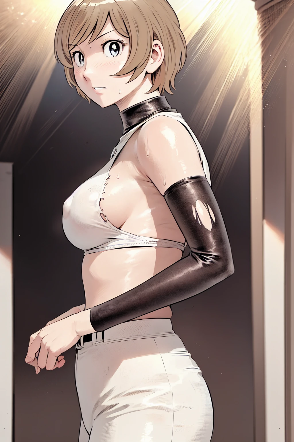 (野球uniform:1.2),
Blonde, (short hair:1.2),Long sleeve, Black Shirt, turtleneck,White trousers、uniform、Black belt、((Illustration of a person))、big 、
View your viewers,, (Highest quality:1.3),One Girl, White pants、uniform、Outdoor、baseball ground、ground、soil、blue eyes、Tight black shirt、(masterpiece、Highest quality)、Highest quality, Ultra-high resolution, (((masterpiece))), alone, Sweat、big eyes、big Breasts、Torn clothes、 fully exposed、Nipples、One Girl, Front view、Embarrassed face、Bronze colored hair、((short hair))、Stand up straight、Cowboy Shot