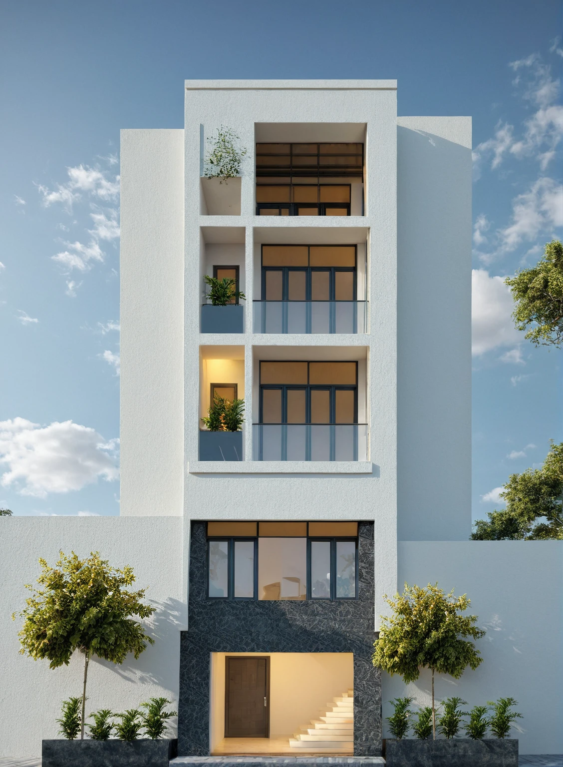 townhouse, Led light, spotlight out door, (modern style:1.2), (Open roof to see the sky), exterior design, perspective view, (open roof), Pavement, alphalt streets road, (next door neighbor's house), (dawn light sky background), Low trees around the house, overall peaceful atmosphere cinematic photo, hyperrealistic artï¼professional, 8k, highly detailed ï¼, (architectural design visualization), (reflection), (focus on object), (material normal bump real reflection), (scattered light), (hidden light) (light ray), (multi-beam light), (sunbeam) (multi-level reflection), (corona software visualization render:1.2),(((Best Quality))), ((Masterpiece)), ((best illustration)), ((best shadows)), ((Super Detail)), (Intricate lines), (Photorealism),(hyper detail), ((archdaily)), ((award winning design)), (dynamic light), ((day)), (perfect light), (shimering light), ((photorealistic)), ((intricate detail)), ((extreme detail)), ((science)), ((hyper-detail)), ((super detail)), ((super realistic)), ((crazy detail)), ((octane render)), ((Cinematic)), ((trending on artstation)), ((High-fidelity)), ((Viwvid)), ((Crisp)), ((Bright)), ((Stunning)), ((Eye-catching)), ((High-quality)),((Sharp))((Bright)), ((Stunning)), Natural, ((Eye-catching)), ((Illuminating)), ((Flawless)), ((High-quality)),((Sharp edge render)), ((medium soft lighting)), ((photographic render)), ((detailed archviz))