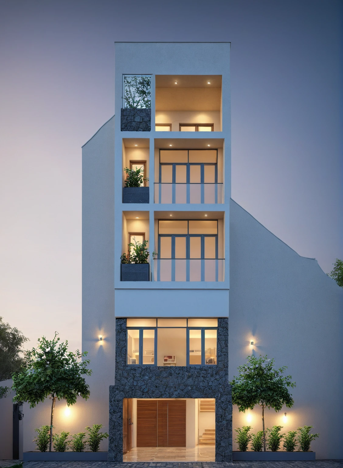 townhouse, Led light, spotlight out door, (modern style:1.2), (Open roof to see the sky), exterior design, perspective view, (open roof), Pavement, alphalt streets road, (next door neighbor's house), (dawn light sky background), Low trees around the house, overall peaceful atmosphere cinematic photo, hyperrealistic artï¼professional, 8k, highly detailed ï¼, (architectural design visualization), (reflection), (focus on object), (material normal bump real reflection), (scattered light), (hidden light) (light ray), (multi-beam light), (sunbeam) (multi-level reflection), (corona software visualization render:1.2),(((Best Quality))), ((Masterpiece)), ((best illustration)), ((best shadows)), ((Super Detail)), (Intricate lines), (Photorealism),(hyper detail), ((archdaily)), ((award winning design)), (dynamic light), ((day)), (perfect light), (shimering light), ((photorealistic)), ((intricate detail)), ((extreme detail)), ((science)), ((hyper-detail)), ((super detail)), ((super realistic)), ((crazy detail)), ((octane render)), ((Cinematic)), ((trending on artstation)), ((High-fidelity)), ((Viwvid)), ((Crisp)), ((Bright)), ((Stunning)), ((Eye-catching)), ((High-quality)),((Sharp))((Bright)), ((Stunning)), Natural, ((Eye-catching)), ((Illuminating)), ((Flawless)), ((High-quality)),((Sharp edge render)), ((medium soft lighting)), ((photographic render)), ((detailed archviz))