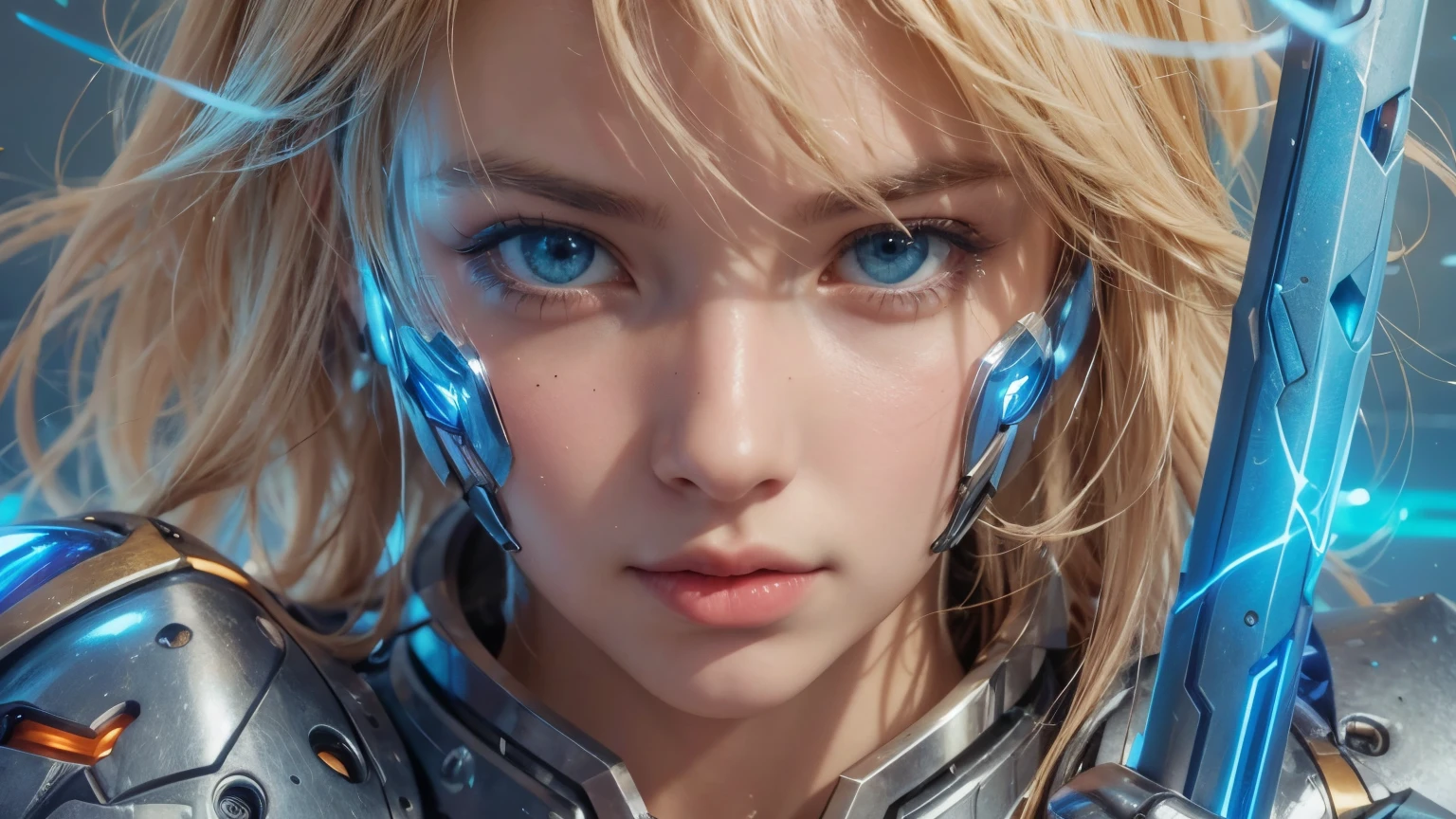 Close-up of a woman holding a sword in a futuristic background, Cute Cyborg Girl, Beautiful girl cyborg, art gelm. High detail, devianart と cgsociety, Girl wearing mecha cyber armor, Portrait of a girl in the Knights of the Zodiac, extremely detailed art gelm, ig model | art gelm, art gelm jsc, Armored astronaut girl portrait